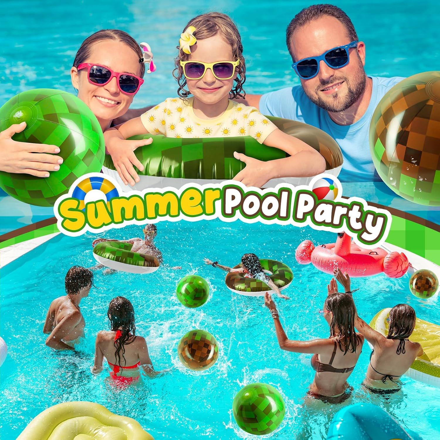 4 Pack Pool Floats for Kids - 2 Pcs Inflatable Green Pixel Swim Tubes Rings & 2 Pcs Pixel Beach Balls,Summer Pool Floaties Set for Hawaiian Beach, Water Park Fun, Swim Tubes for Summer Party