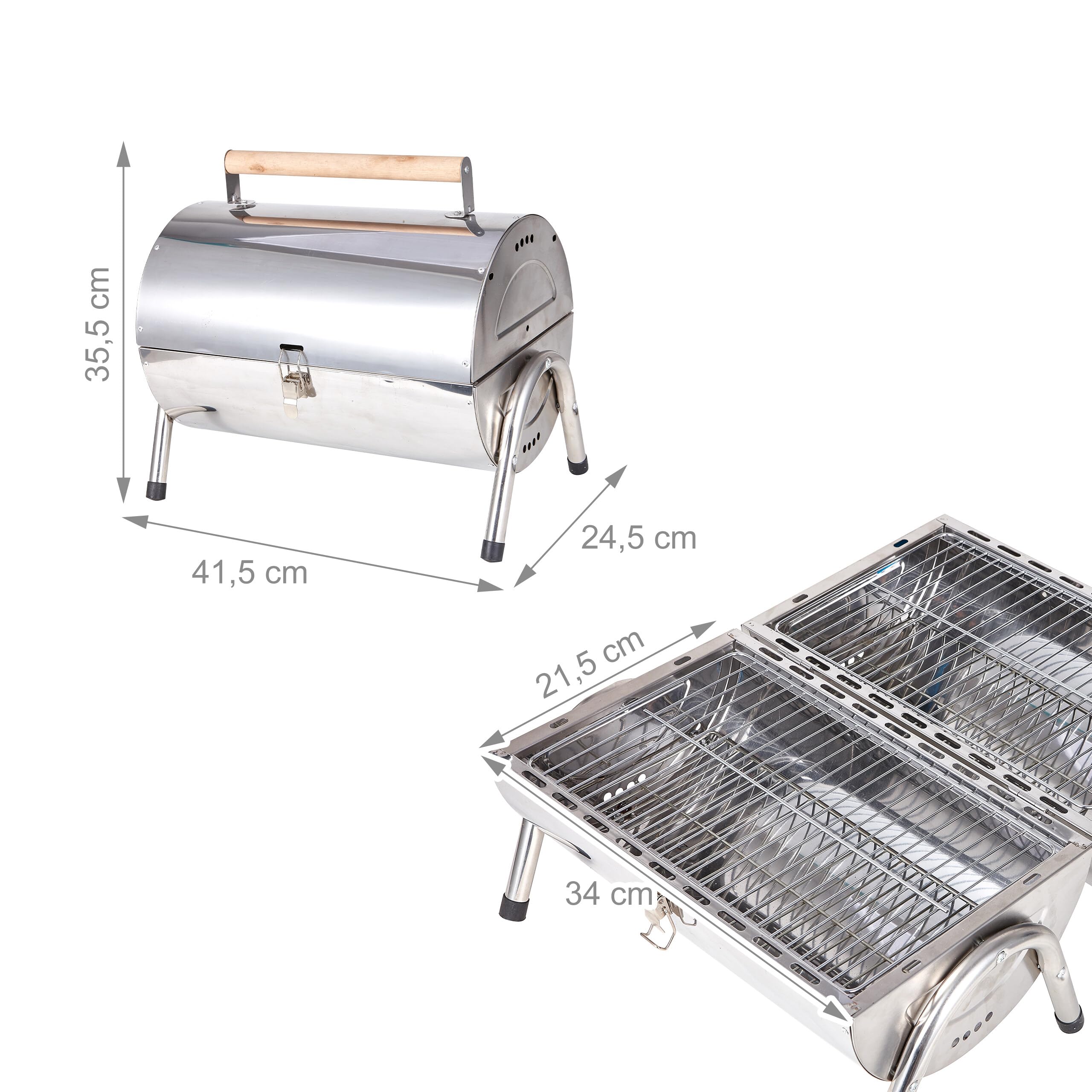 Relaxdays Barbecue de table 2 grilles 34 x 21,5 cm, argent | camping & outdoor, pliable et fumoir, poignée bois, inox