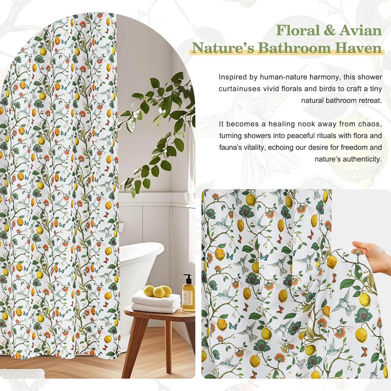 Floral Bird Shower Curtain, Victorian Shower Curtain 72x84, Hummingbird Jungle Victorian Farmhouse Botanical Shower Curtain for Bathroom, Chic French Country Style