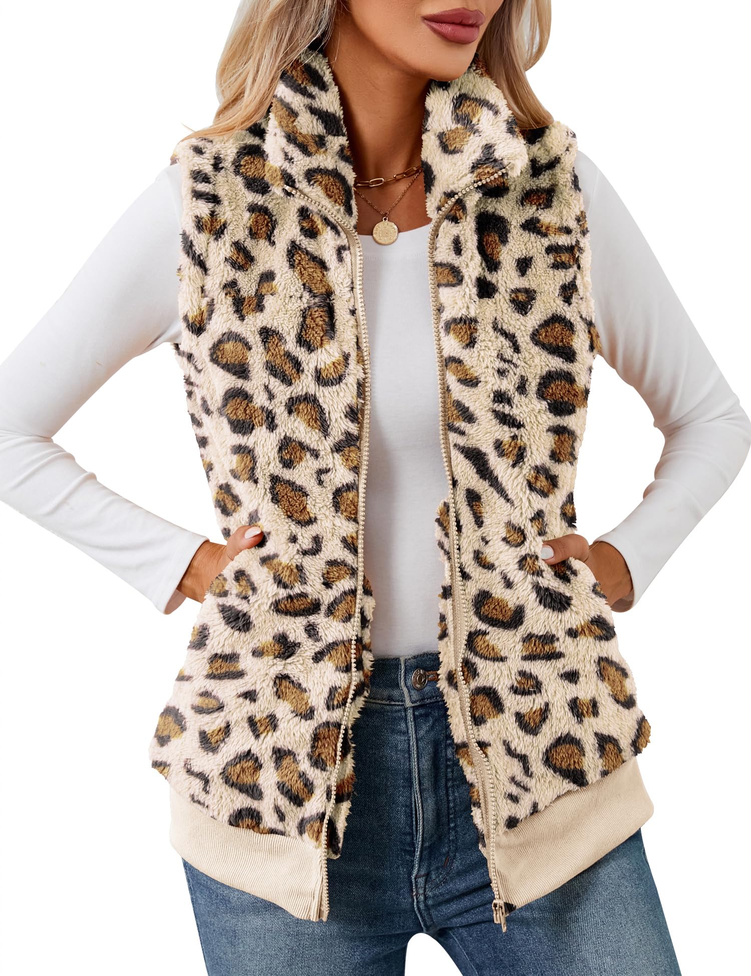 IECCP Teddy Fleece Weste Damen Warme Ärmellose Weste für Herbst und Winter Teddyjacke Lässig und leicht Damenweste Herbstmantel mit Stehkragen