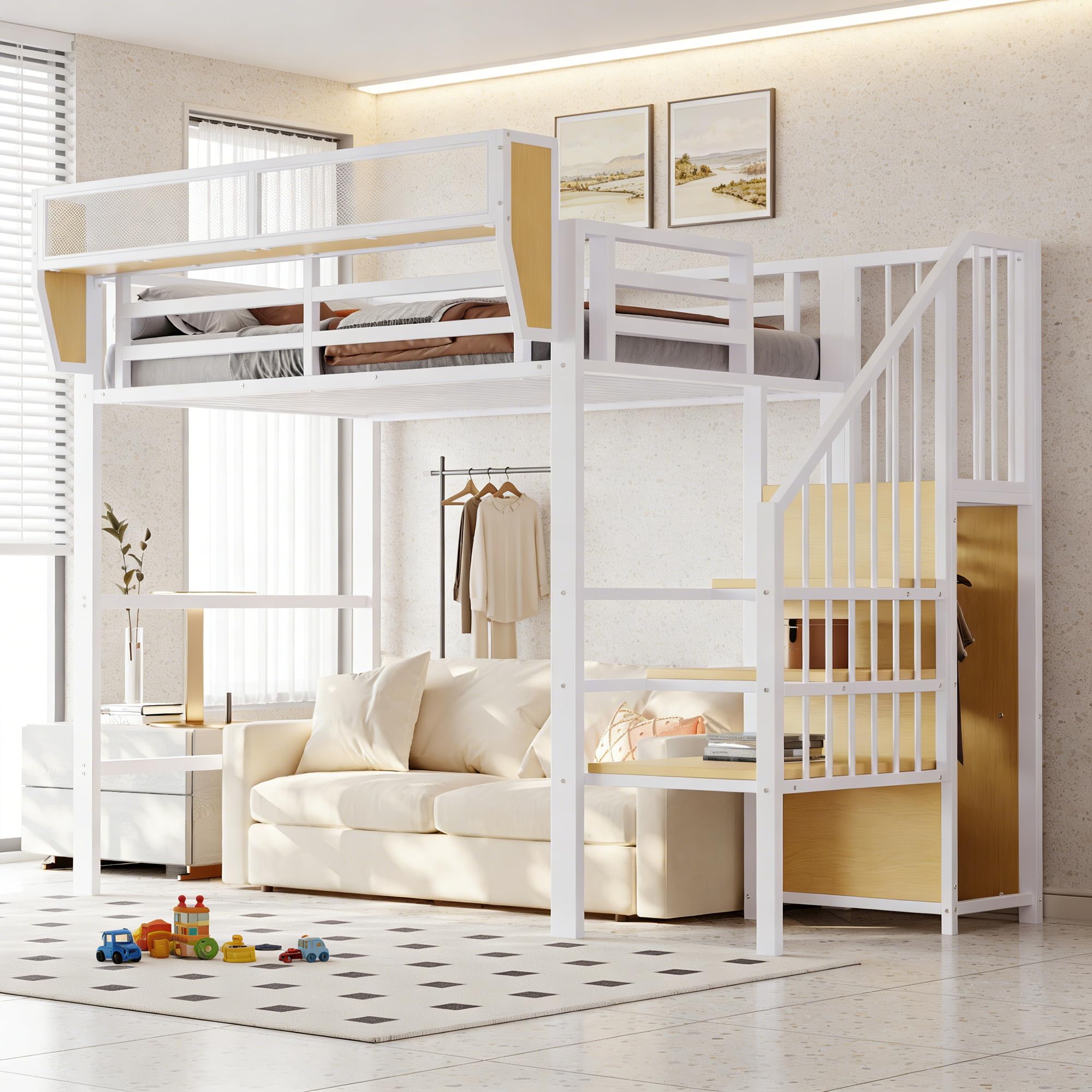 Cama alta de 140 x 200 cm con estructura de metal, cama de matrimonio de 140 x 200 cm con escalera de seguridad y compartimento contenedor flexible, cama para niños, sin colchón, color blanco