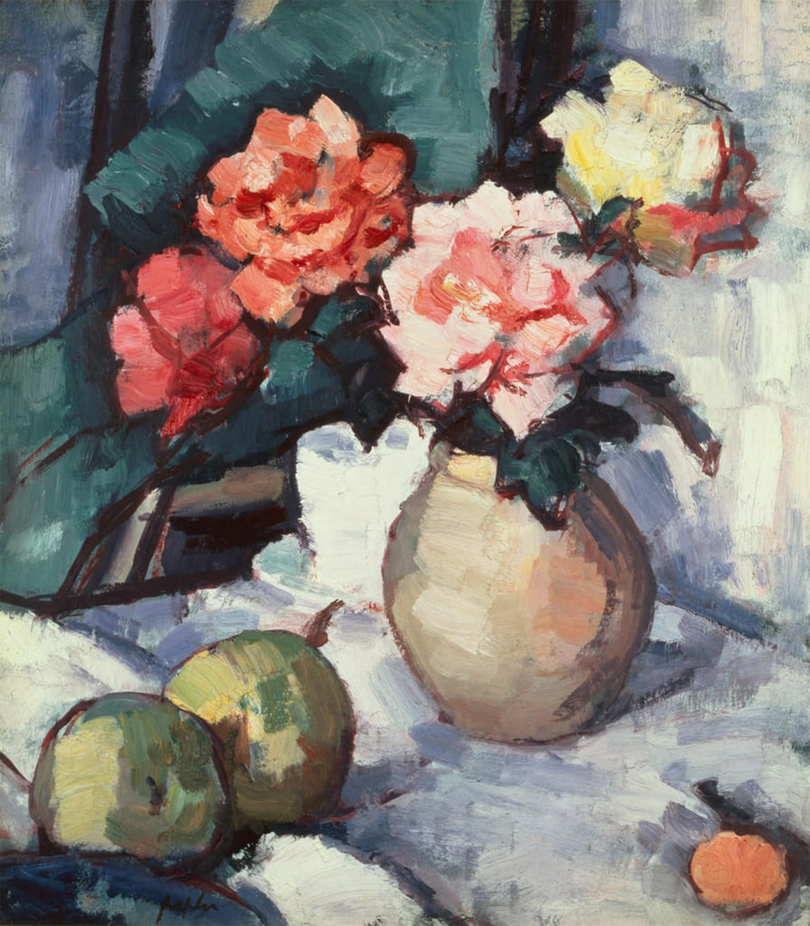 SERENDIPITP Abstract Painting Mural Print Picture Wall Decor Painting Mixed Roses in a Brown Vase with a Cup Saucer and Fruit by Samuel John Peploe Vintage Wall Artwork for Home Decor 60x90cm