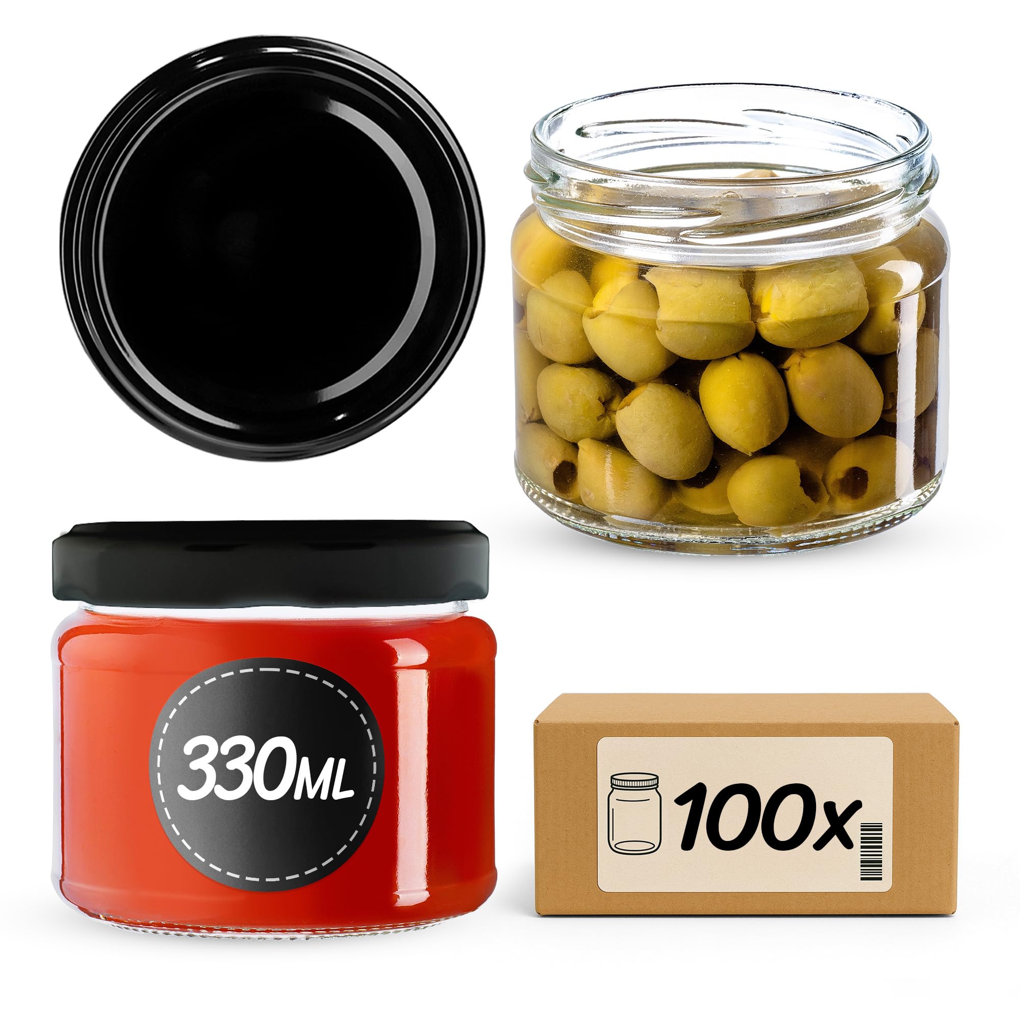 KADAX Tarros de conservas con tapa de rosca, tarros de mermelada de 330 ml, tarros para mermeladas, mermeladas, miel, tarros con tapón de rosca (cuadros azules/100 unidades