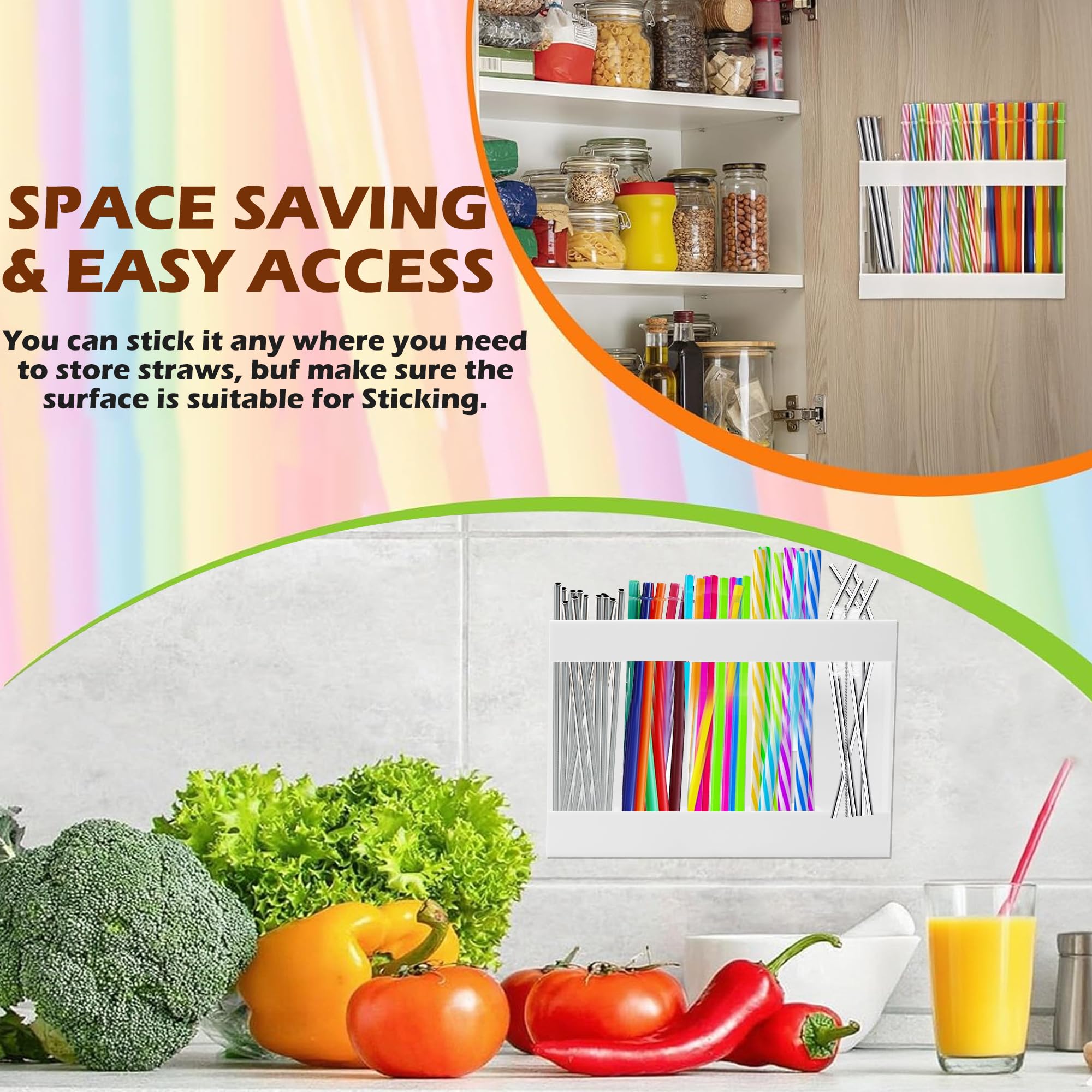 Grande supporto per cannuccia in acrilico per porta dell'armadio, 24,1 cm, riutilizzabile, organizer per cannucce con nastri adesivi, contenitore da cucina per banconi, armadietti, cucina, bianco