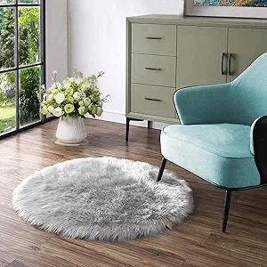 Latepis Grey Area Round Area 5ft Circle Fur Rug for Living Room Bedroom Rugs Faux Sheepskin Rug Washable Fluffy Plush Furry Rugs Home Deocr