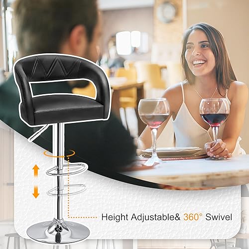 Miniatura 7 de VECELO Juego de 2 taburetes de bar ajustables giratorios modernos de piel sintética, taburetes de barra con respaldo y brazos, para cocina, bar