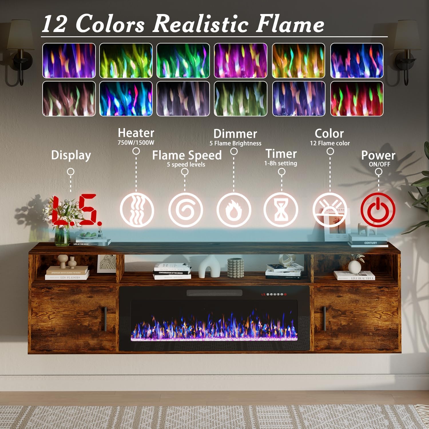 TAVATA 70" Floating Fireplace TV Stand with 36" Fireplace - Wall Mounted Entertainment Center with LED Lights & Storage Cabinet, Modern Media Console for Living Room, Supports TVs up to 80" (Brown)