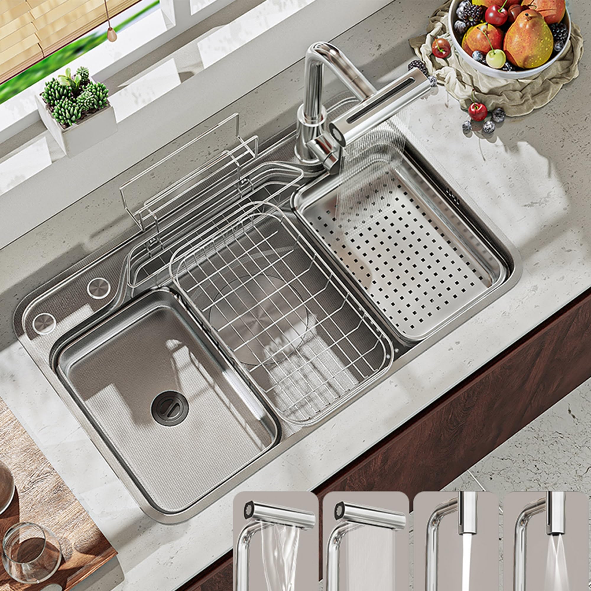 LMYSXAOZ Stainless Steel Undermount Bar Sink Combo with Waterfall Faucet Soap Dispenser Cup Washer and Drain StrainerStylish Single Bowl Kitchen for Modern Homes