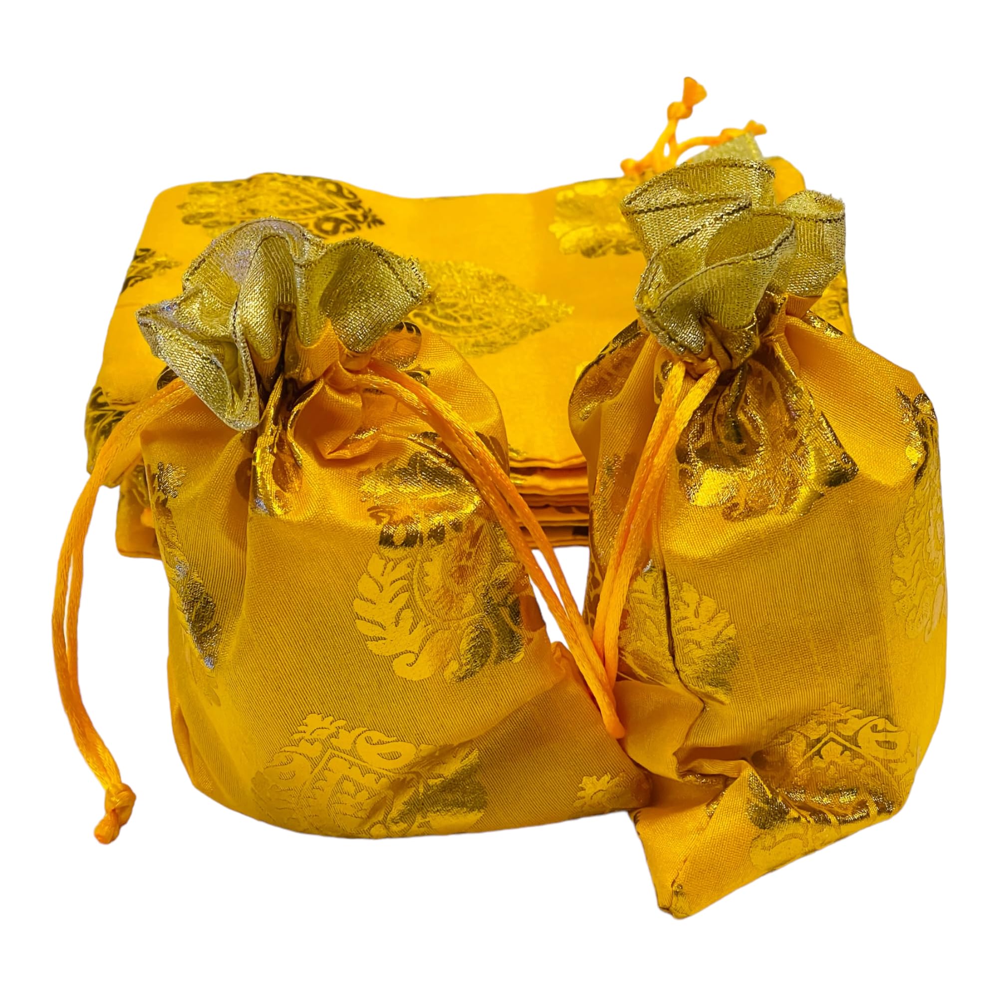 Moira Lot de 25/50/100 sacs cadeaux unisexes en brocart de soie doré avec fermeture à cordon pour cadeaux/rangement de bijoux/chocolats/fruits secs (jaune, 100)