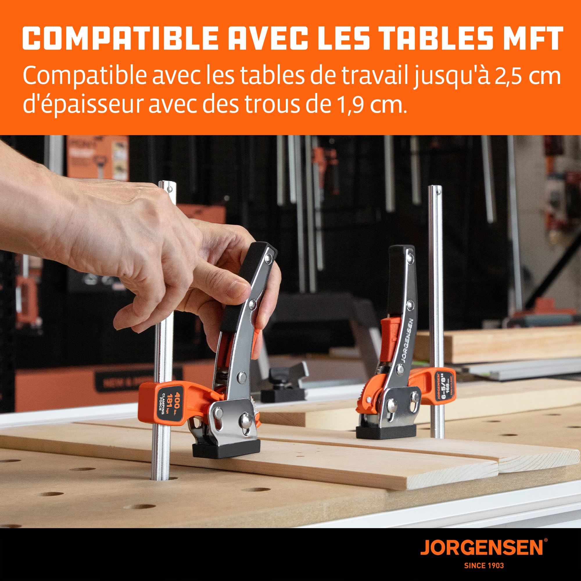 JORGENSEN Lot de 2 Serre-Joints à Cliquet pour Rail de Guidage, Force de Serrage 181 kg, Ouverture 168 mm