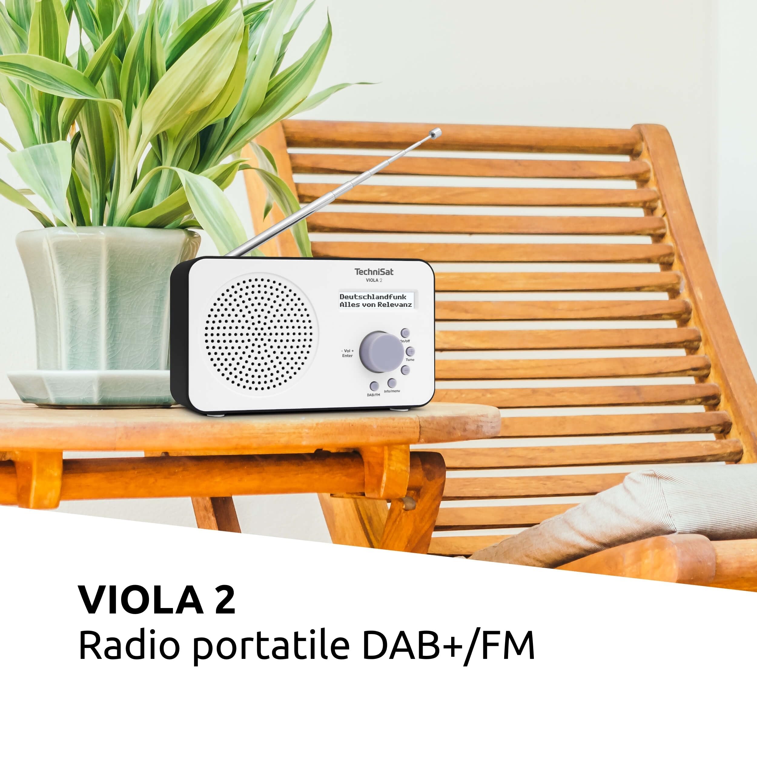 TechniSat VIOLA 2 - Radio DAB portatile (DAB+, VHF, Altoparlante, Ingresso per cuffie, Display a 2 righe, Pulsante di controllo, Compatta, 1 Watt RMS), Bianco/Nero