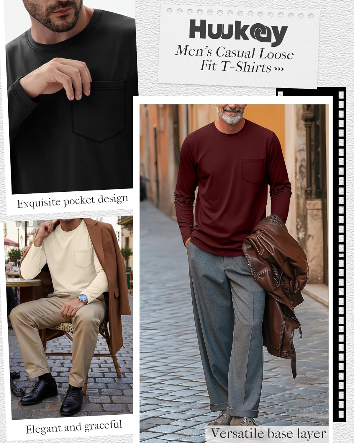 Huukeay 3 Pack Men’s Big and Tall Shirts, Long Sleeve Crew Neck Pocket Tops Casual Loose Fit T-Shirts Lightweight Basic Tee - Image 4