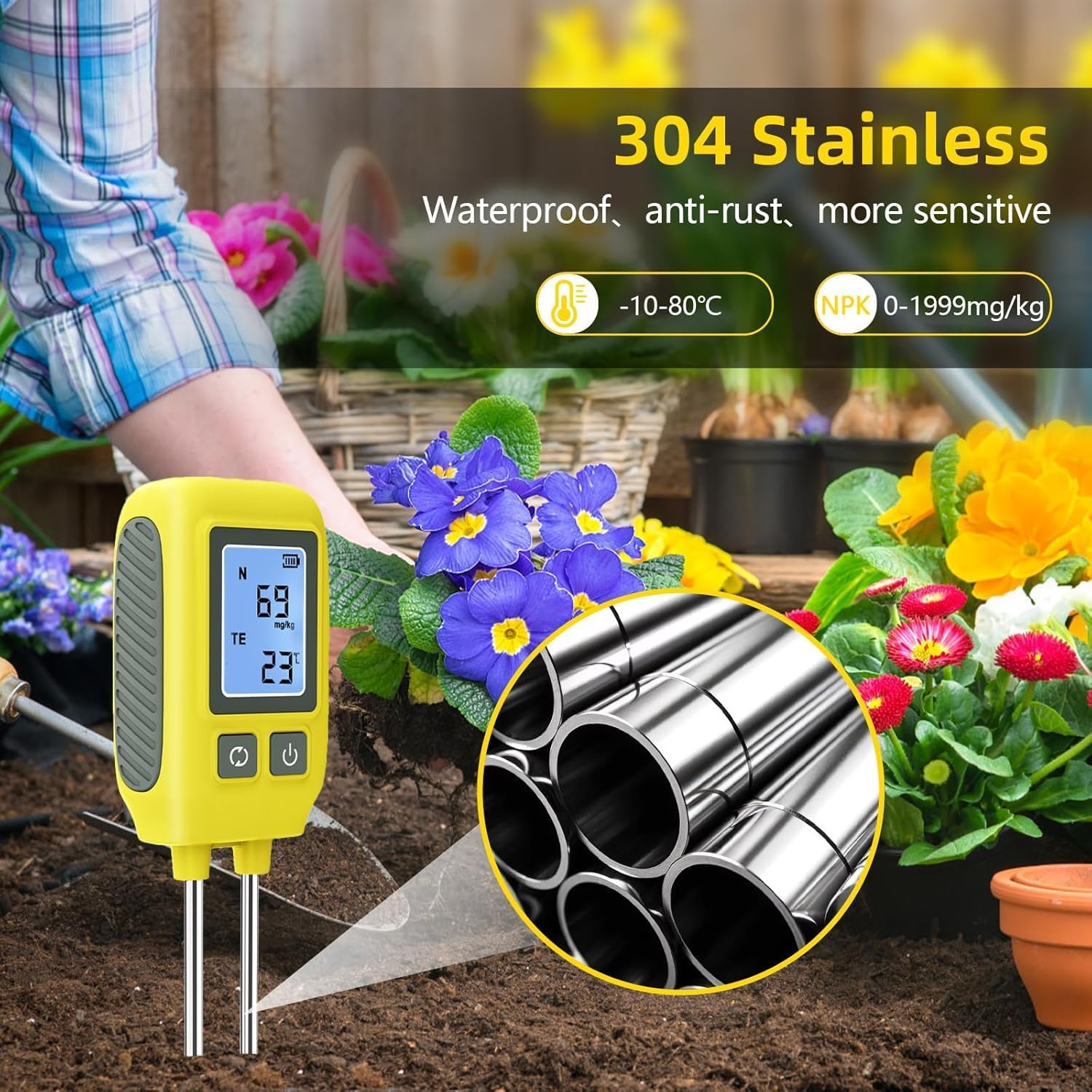 4 en 1 probador de Suelo, nitrógeno, fósforo, probador de potasio NPK con Pantalla Digital LCD, medidor de analizador de Suelo para jardinería, césped, Agricultura y Plantas al Aire Libre