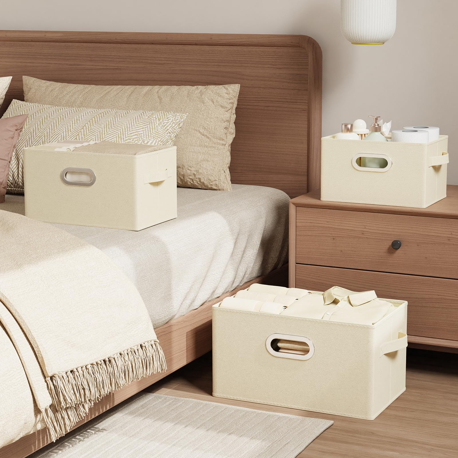 Scatole di Stoccaggio con Maniglia, Organizer Armadio Aperto, Cesto Portaoggetti in Tessuto Pieghevole, Adatto per Camere da Letto, Soggiorni, Sale Studio, Set di 2, 33x23x20cm, Beige