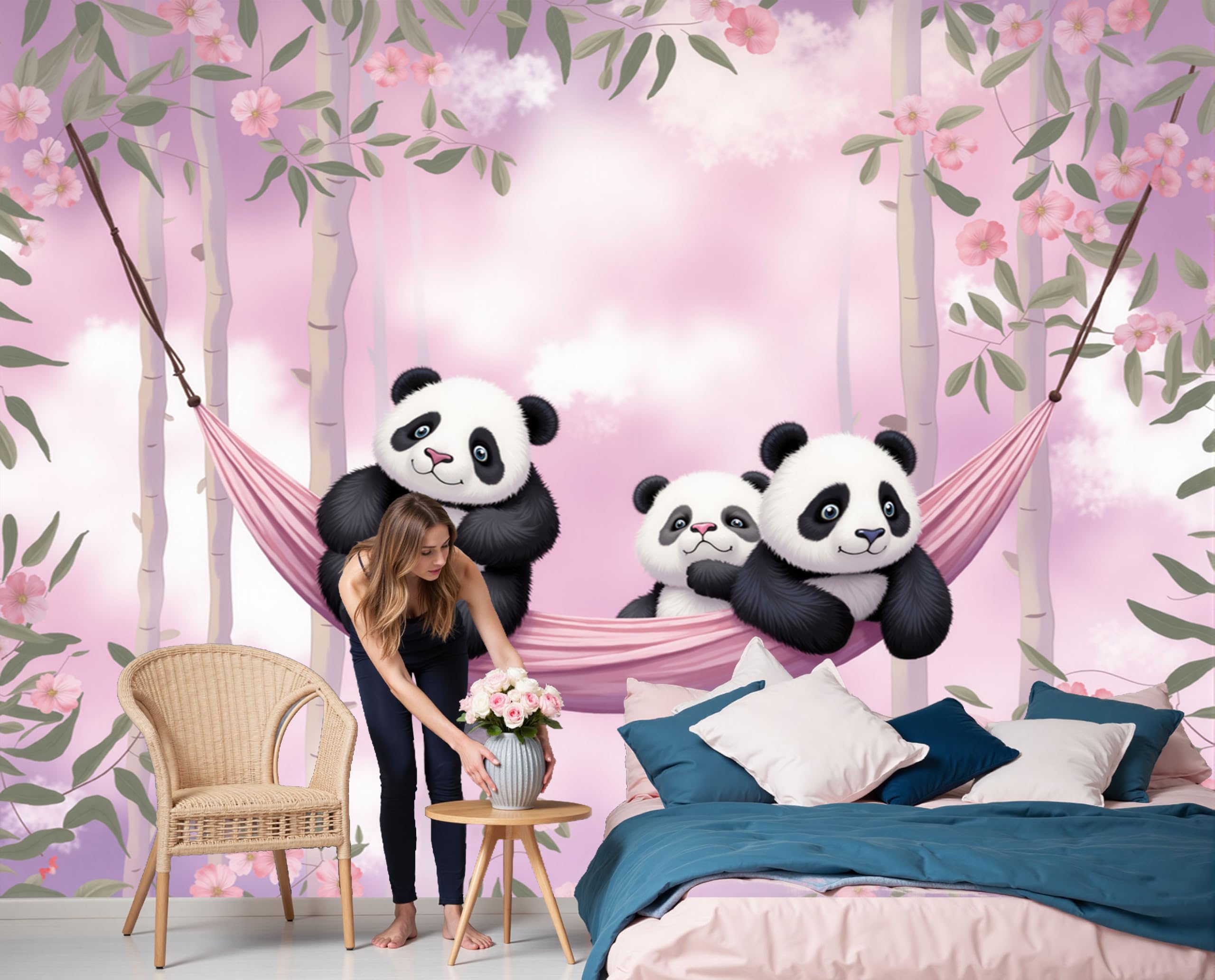 Carta da Parati no Adesiva Muro Fiori e nuvole Carta da Parati Camera da Letto Panda animale per Home DIY Decoration Wall no Adesiva rosa Muro 350x256cm