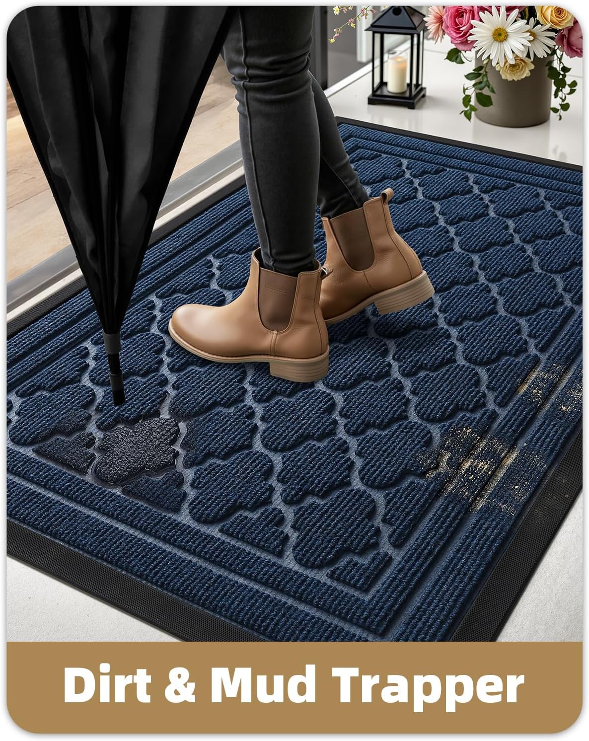Color&Geometry Large Front Door Mat Outside Entrance, Heavy Duty Non Slip Low Profile Doormat for Entryway, Trap Dirt and Moisture Welcome Mats All-Weather, Easy Clean, Patio, Garage, 36"x60" Blue