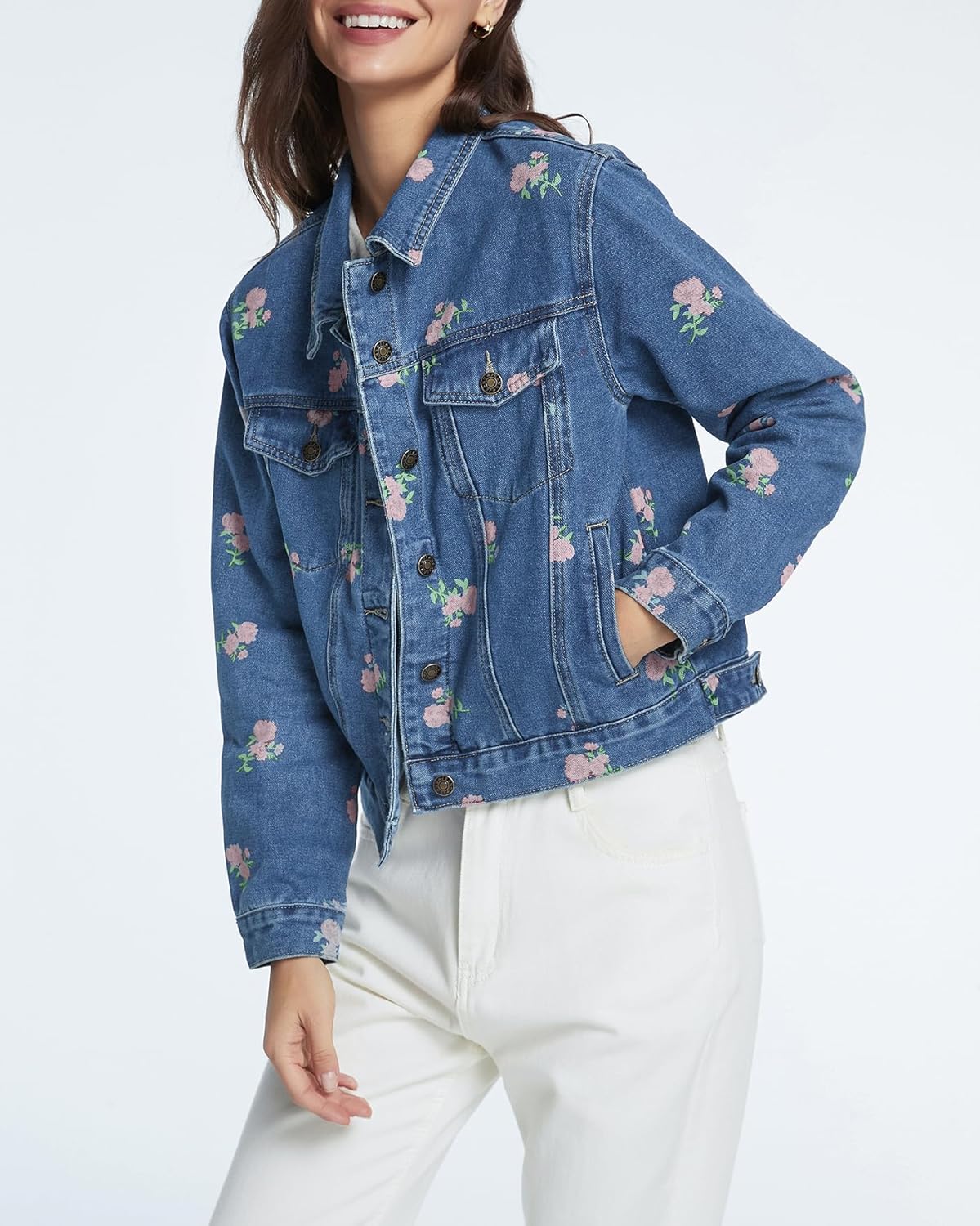 Kedera Denim Jackets for Women Trendy 2025 Long Sleeve Button Down Crop Floral Print Jean Jackets Fall Short Jean Coat - Image 5