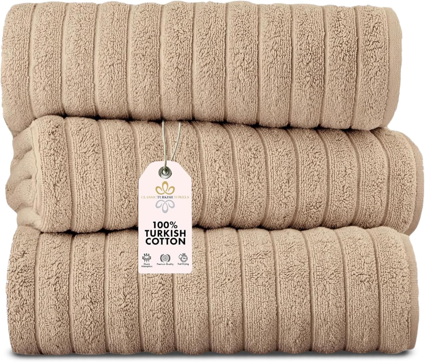 - Classic Turkish Towels CTT - Luxury 3 Piece Jumbo Bath Sheets, 100% Turkish Cotton, Absorbent & Ultra Comfy Bath Towel Sheets for Hotels & Spa | 40"x65" (Almond Beige)