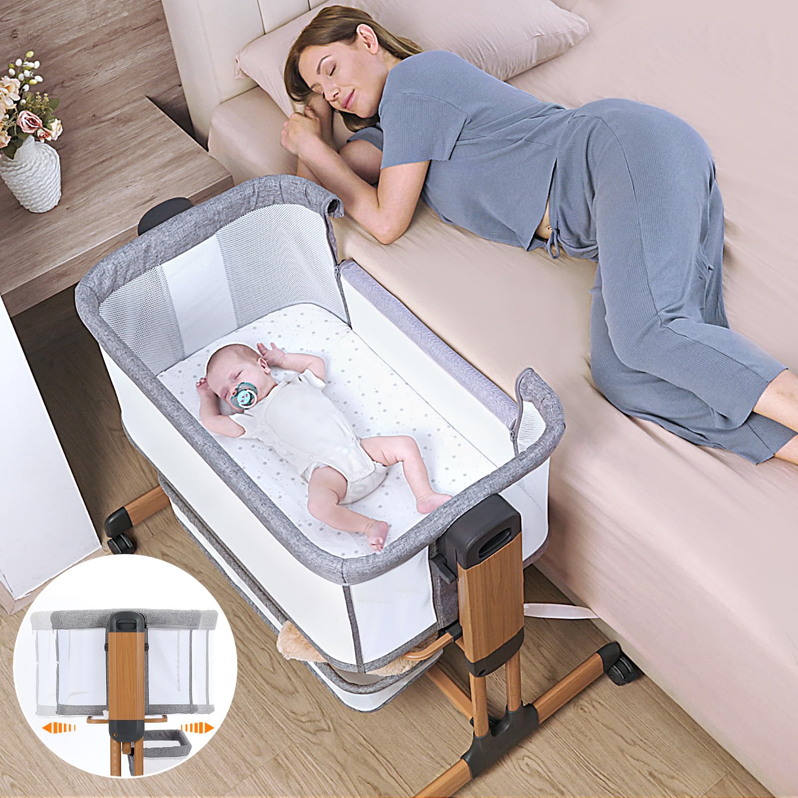 3 in 1 Lettino da viaggio per bambini con materasso morbido, ruote, regolazione dell'altezza in 7 posizioni, pannello laterale pieghevole per casa e viaggio (effetto legno)