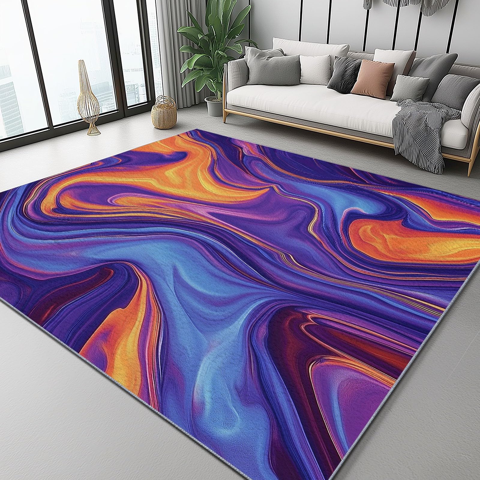 Tapis Chambre, 80 x 150 cm, Abstrait Flux Lignes Texture Tapis de Salon Doux à Poils Courts Lavable en Machine Ne perd Pas Ses Poils Tapis Antidérapant Salle a Manger Décoration, Violet Orange
