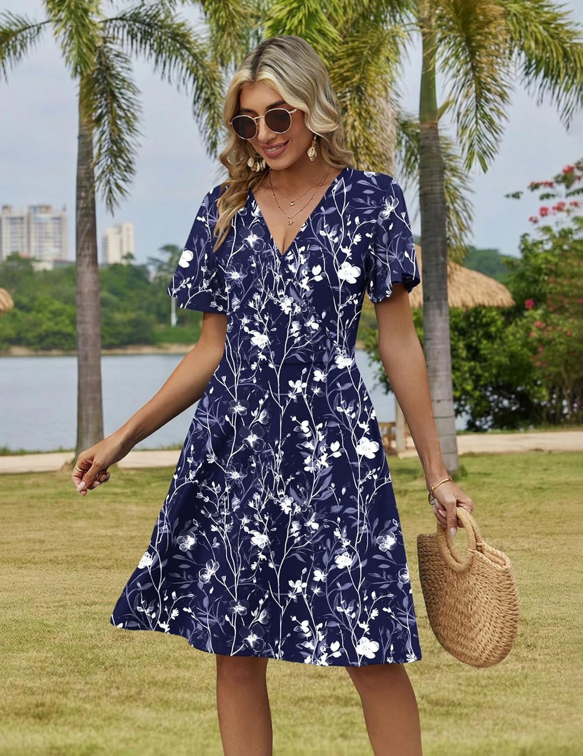 Zeagoo Womens Summer Sundress Ruffle Short Sleeve Casual Dresses V Neck Floral Wrap A-Line Party Dress with Pockets - Image 4