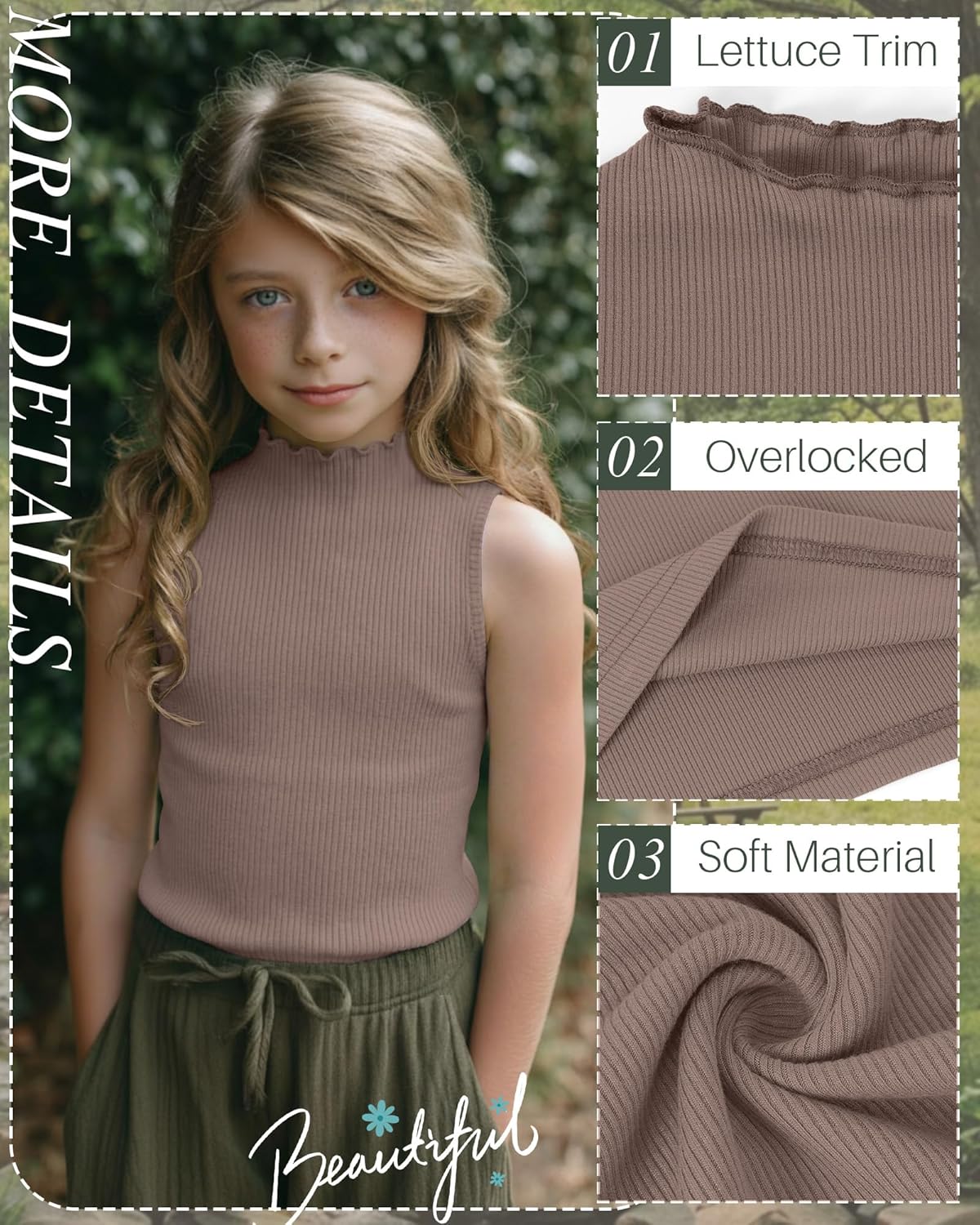 3 Pack Girls Mock Neck Tank Tops Ribbed Turtleneck Slim Fit Lettuce Trim Tops Casual Sleeveless Basic Undershirts - Image 5