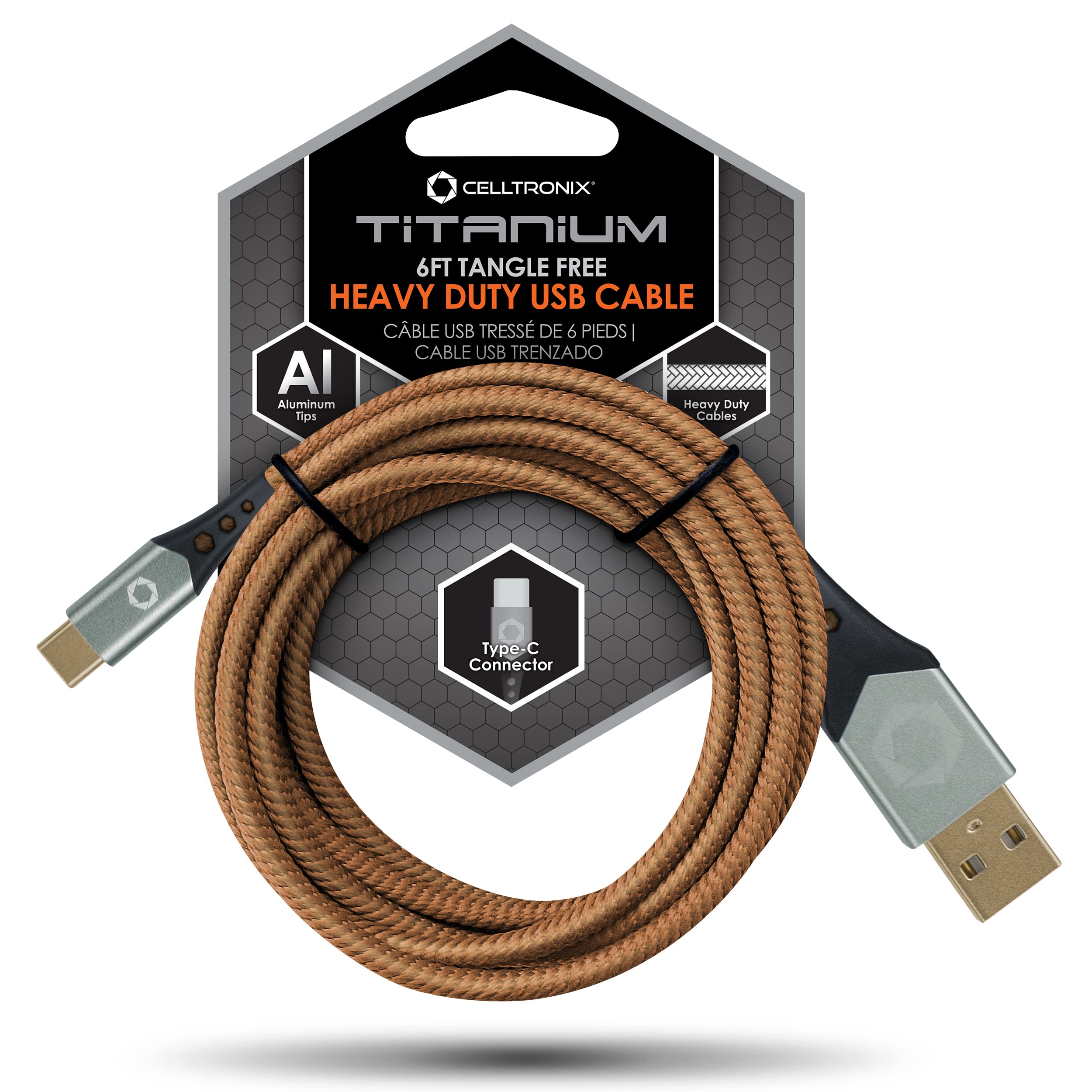 *Celltronix MCX Titanium 6FT Fast Charging Tangle Free Heavy Duty USB Cable with Type-C Connector. Built to Last! Includes Sync+Charge & Aluminum Tips