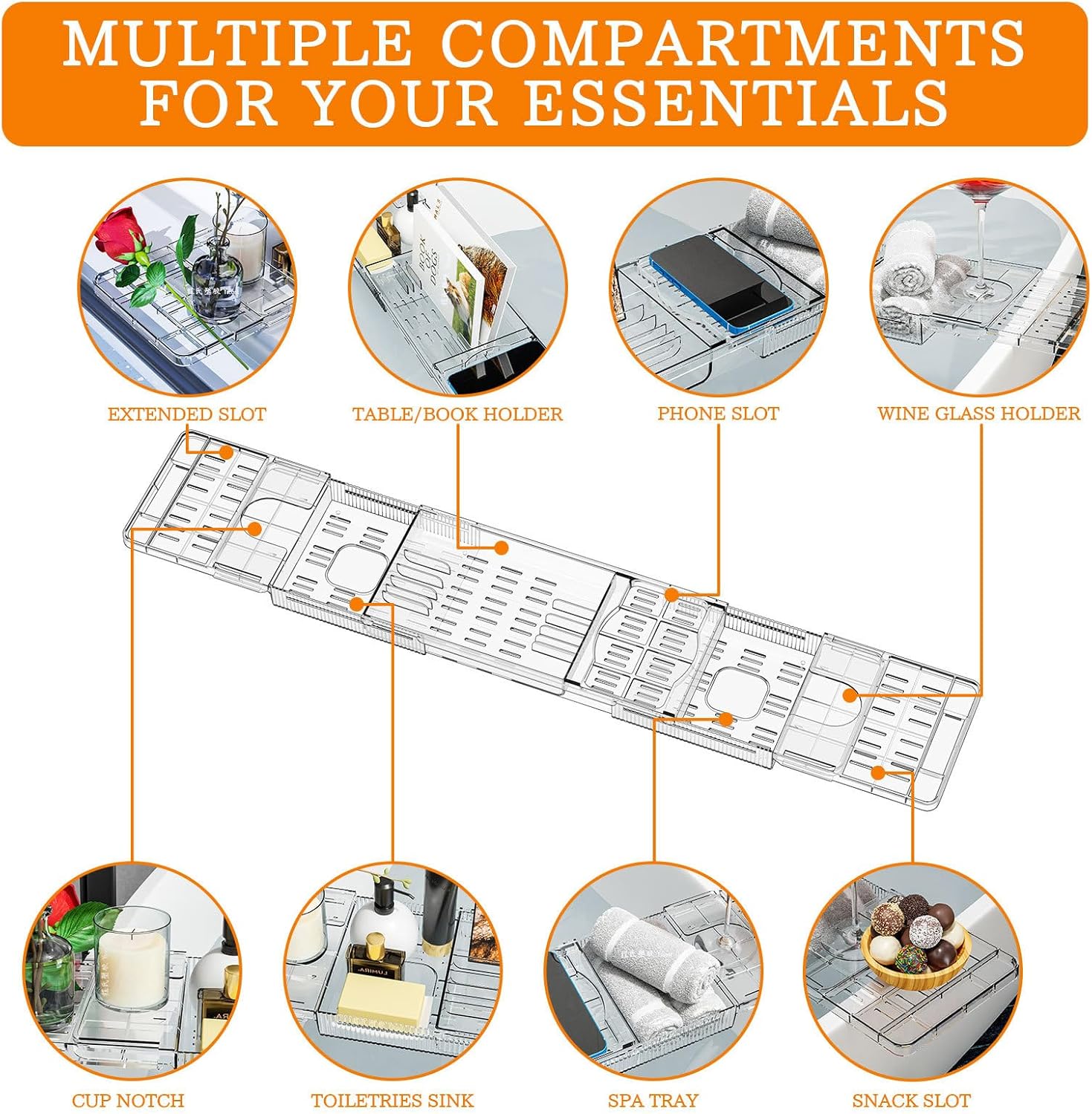 Luxury Expandable Bathtub Tray for Tub, Clear Acrylic Bath Tub Tray with Adjustable Length Up to 31.8", Bathtub Accessories for Relaxing, Bath Accessories for Women