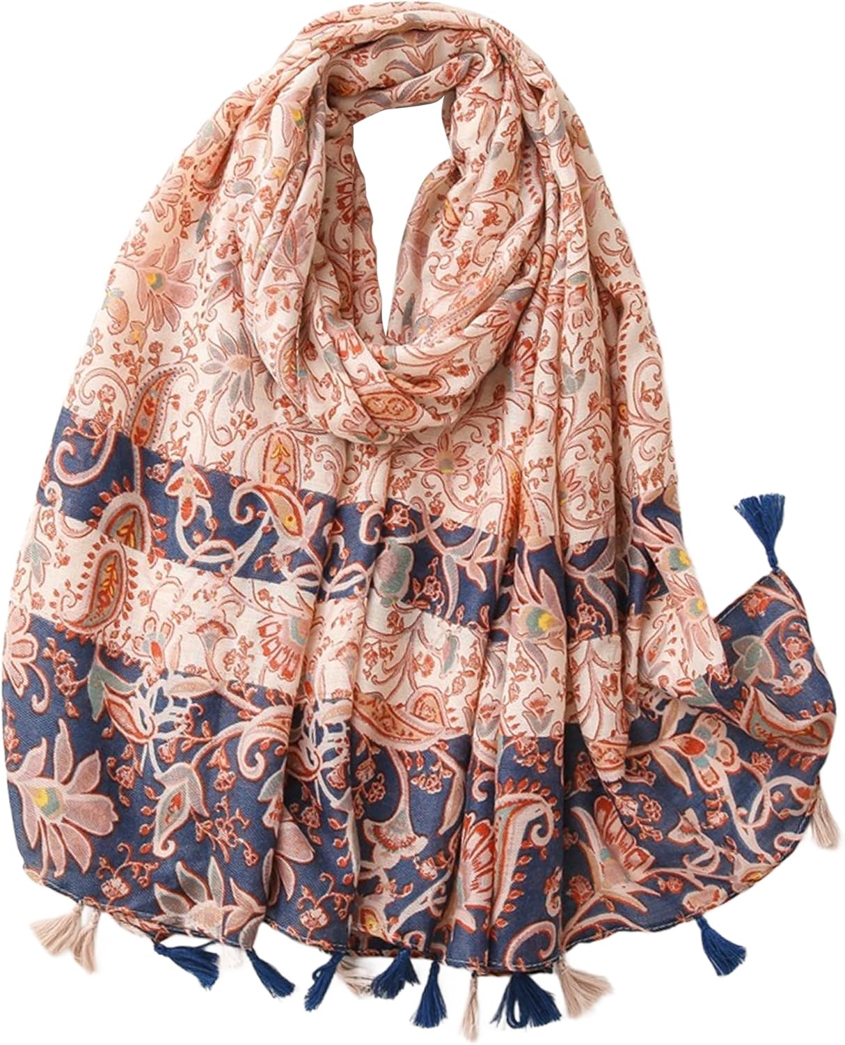 Womens Boho Scarf Lightweight Floral Printed Scarves Fall Winter Fashion Fringed Shawl
