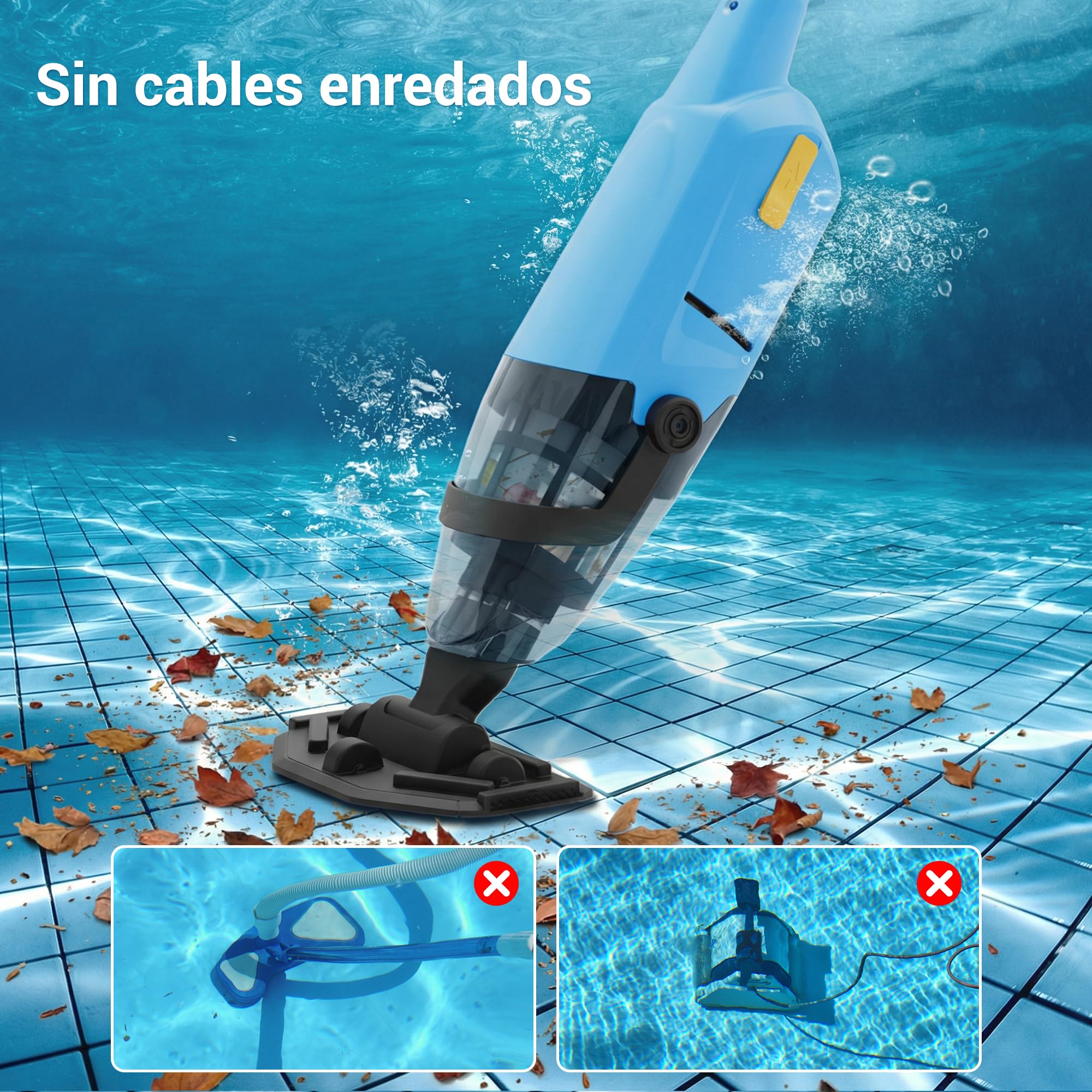 Aspiradora de Piscina Manual Inalámbrica para Piscinas Desmontables y Spas – Limpiador de Piscina Recargable con 60 Minutos de Autonomía, Barra Telescópica y Filtro Fino, Ideal para SPA e Hidromasaje
