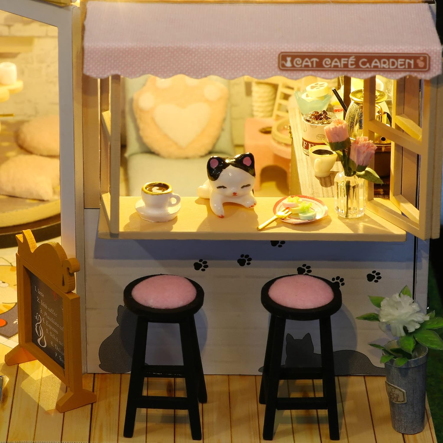 CUTEROOM DIY Miniature House Kit- Lovely Cats House, Tiny Dollhouse Wooden Furniture Kit, Mini DIY Craft Kits Creative Room for Christmas Decoration Family Friends