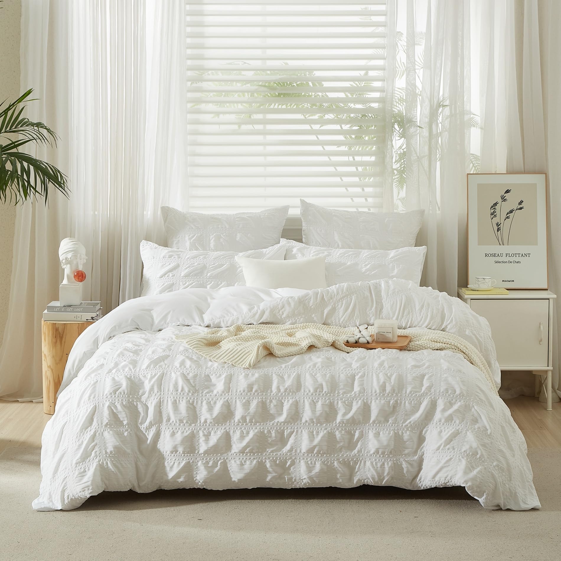 Gezu Seersucker - Funda nórdica de 220 x 240 cm, color blanco gofrado a cuadros estructurados, juego de funda nórdica de microfibra suave con 2 fundas de almohada de 65 x 65 con cremallera
