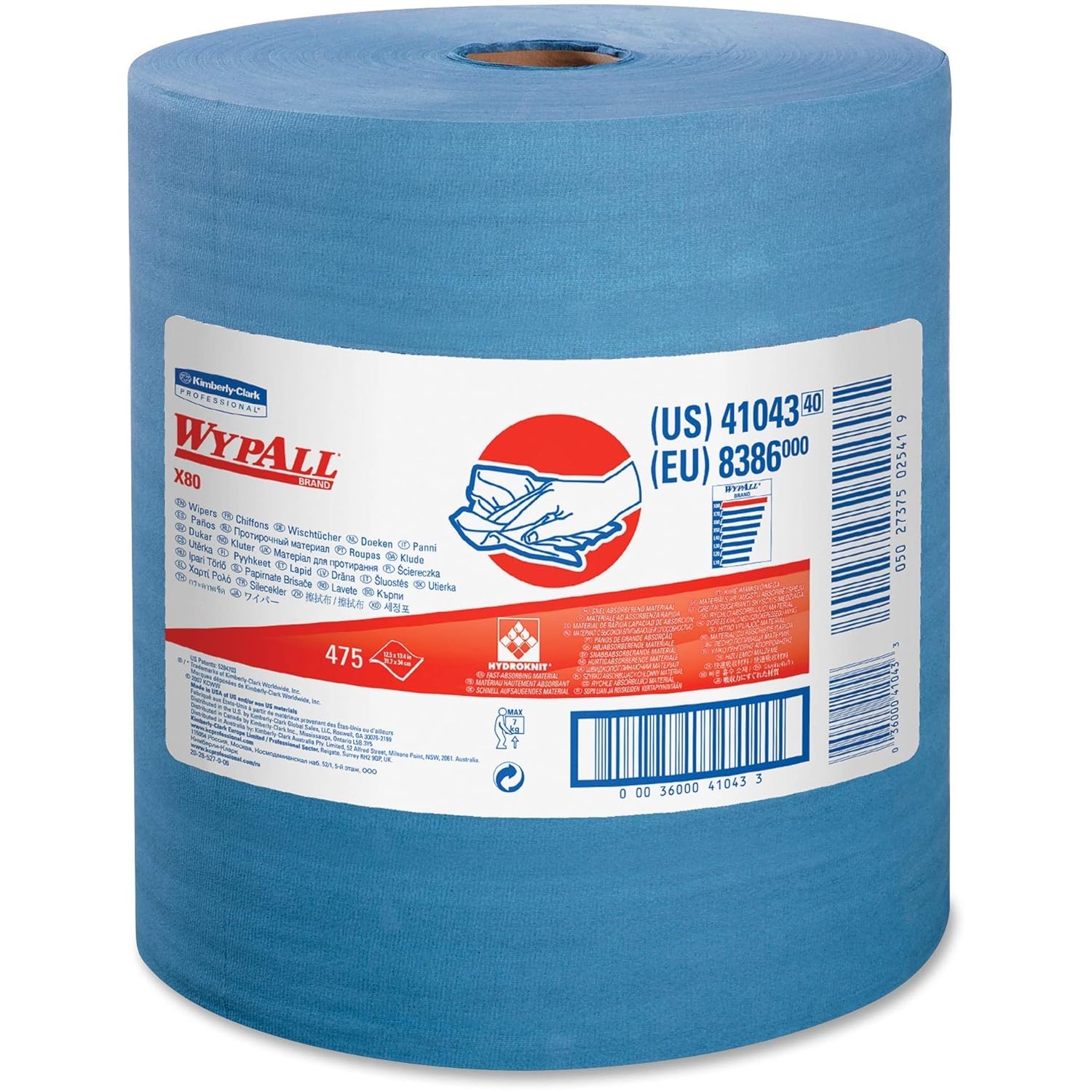 Kimberly-Clark 41043 X80 Wipers with HYDROKNIT, Jumbo Roll, 12 1/2 x 13 2/5, Blue, 475/Roll
