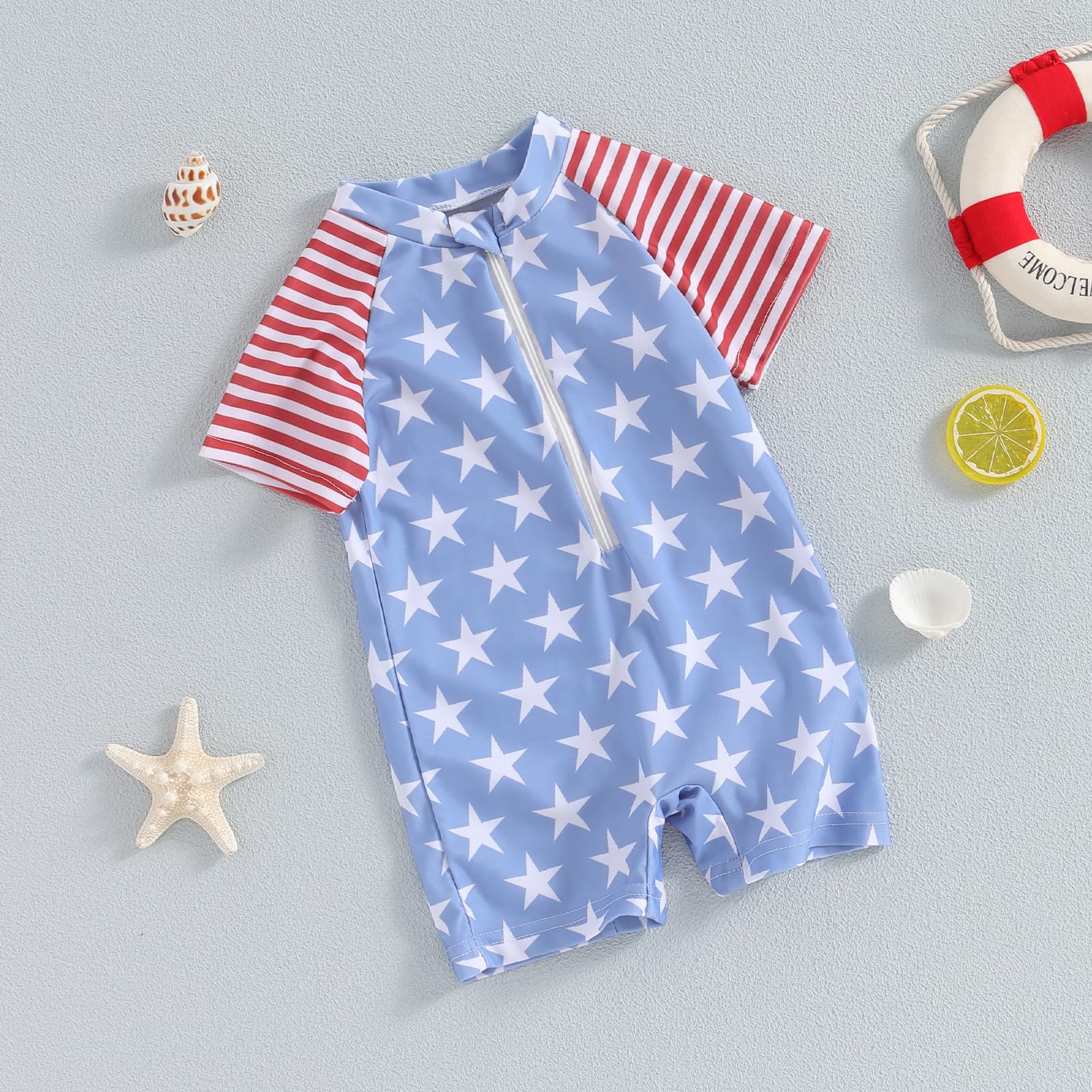 Dcohmch Baby Boy Swimsuit Rashguard Pattern Print One Piece Bathing Suit Toddler Zipper Swimwear 6 9 12 18Months 2T 3T (Blue 4th of july, 6-12 Months)