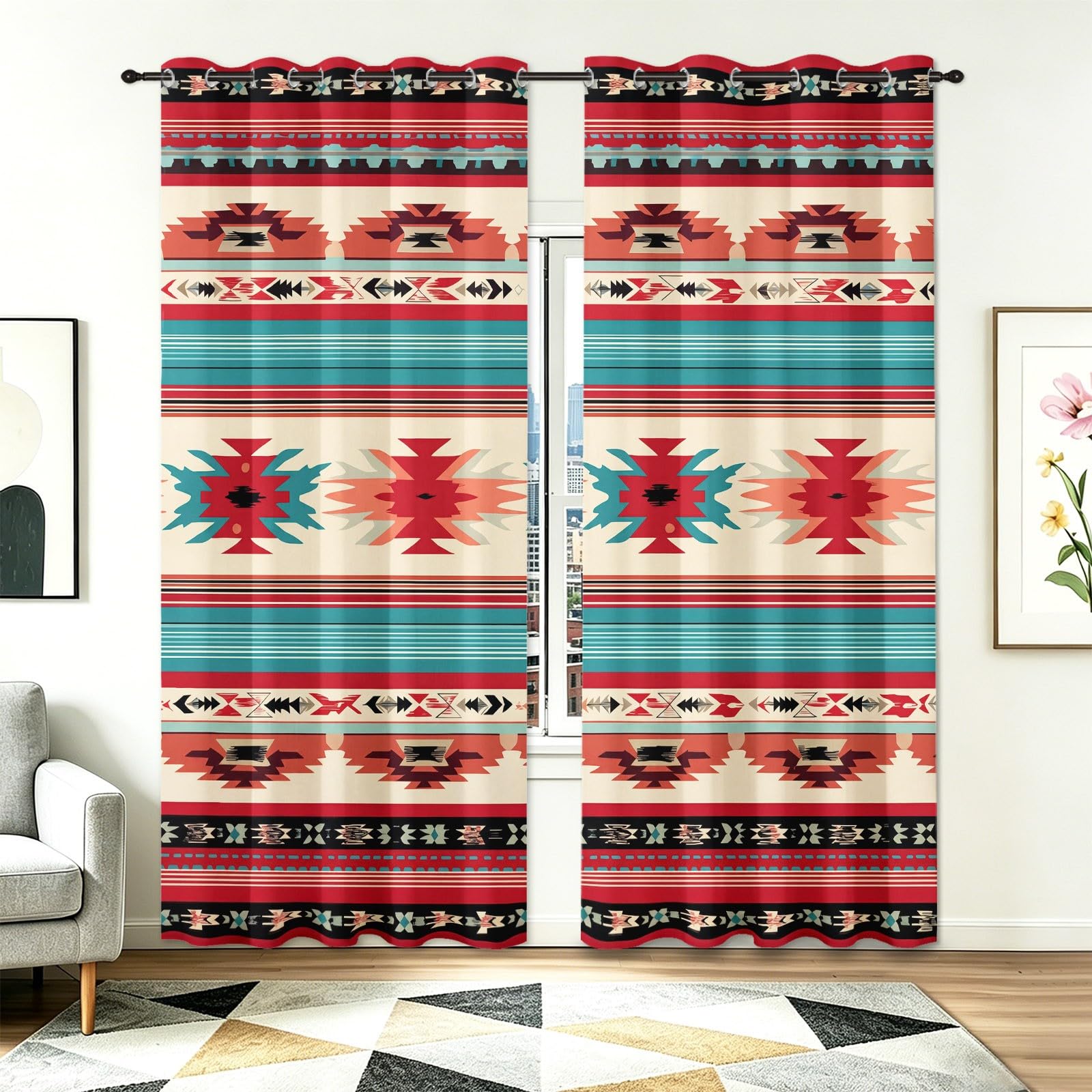 Verdunklungsvorhänge Bunt Modern Ethno Boho Geometrisch Streifen Vorhänge Blickdicht 2er Set H250 x B140 cm, Hitzeschutz Blickschutz Thermovorhang mit Ösen für Wohnzimmer Schlafzimmer Kinderzimmer