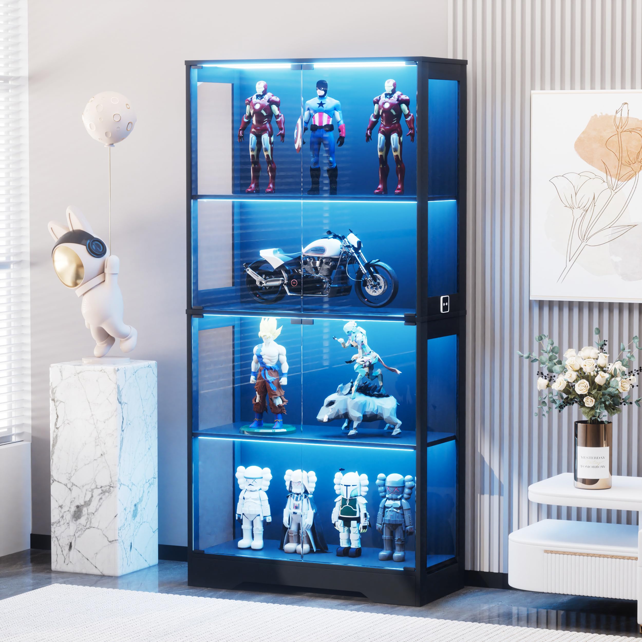 Vitrina de cristal de cuatro niveles con iluminación LED y espacio de almacenamiento – vitrina de cristal independiente con puertas de cristal, sensores inteligentes y armario de pantalla a prueba de
