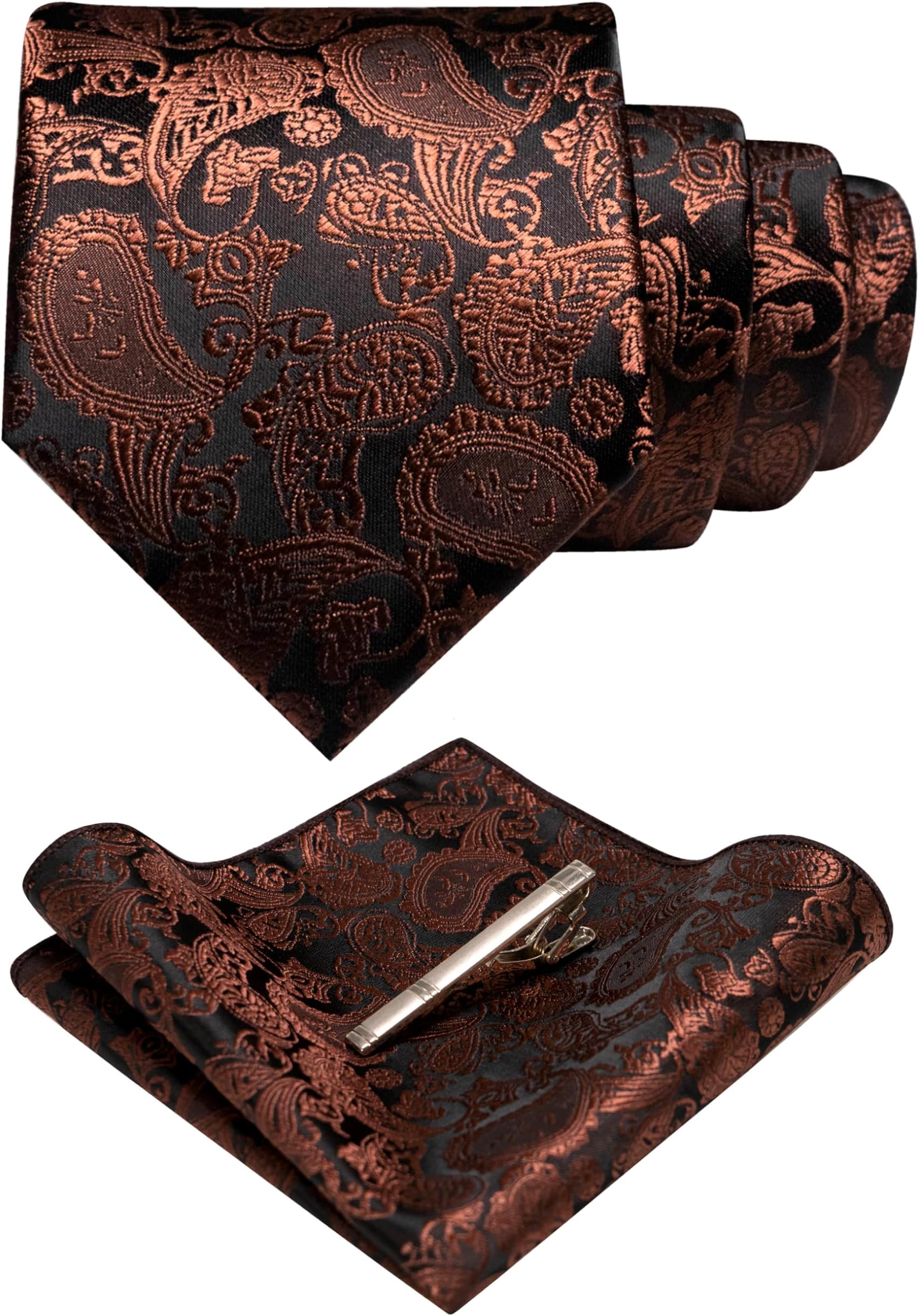 Mens Solid Color Paisley Necktie and Pocket Square with Tie Clip Sets