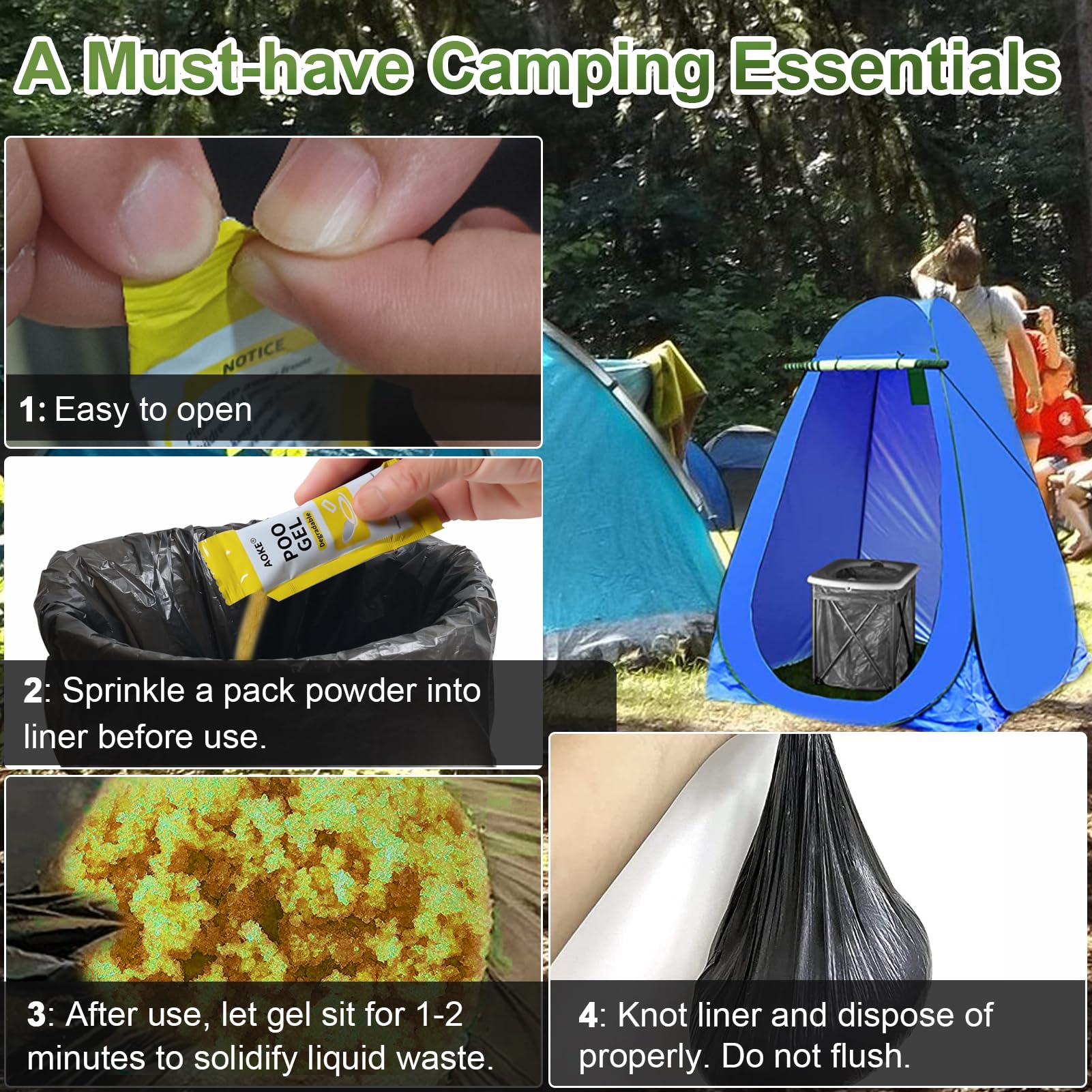 AOKE Polvo de inodoro portátil, paquete de 100 unidades de gel de caca con aroma a lavanda para camping, gel absorbente ecológico, polvo desodorizante y gelificante, tratamiento de residuos de inodoro