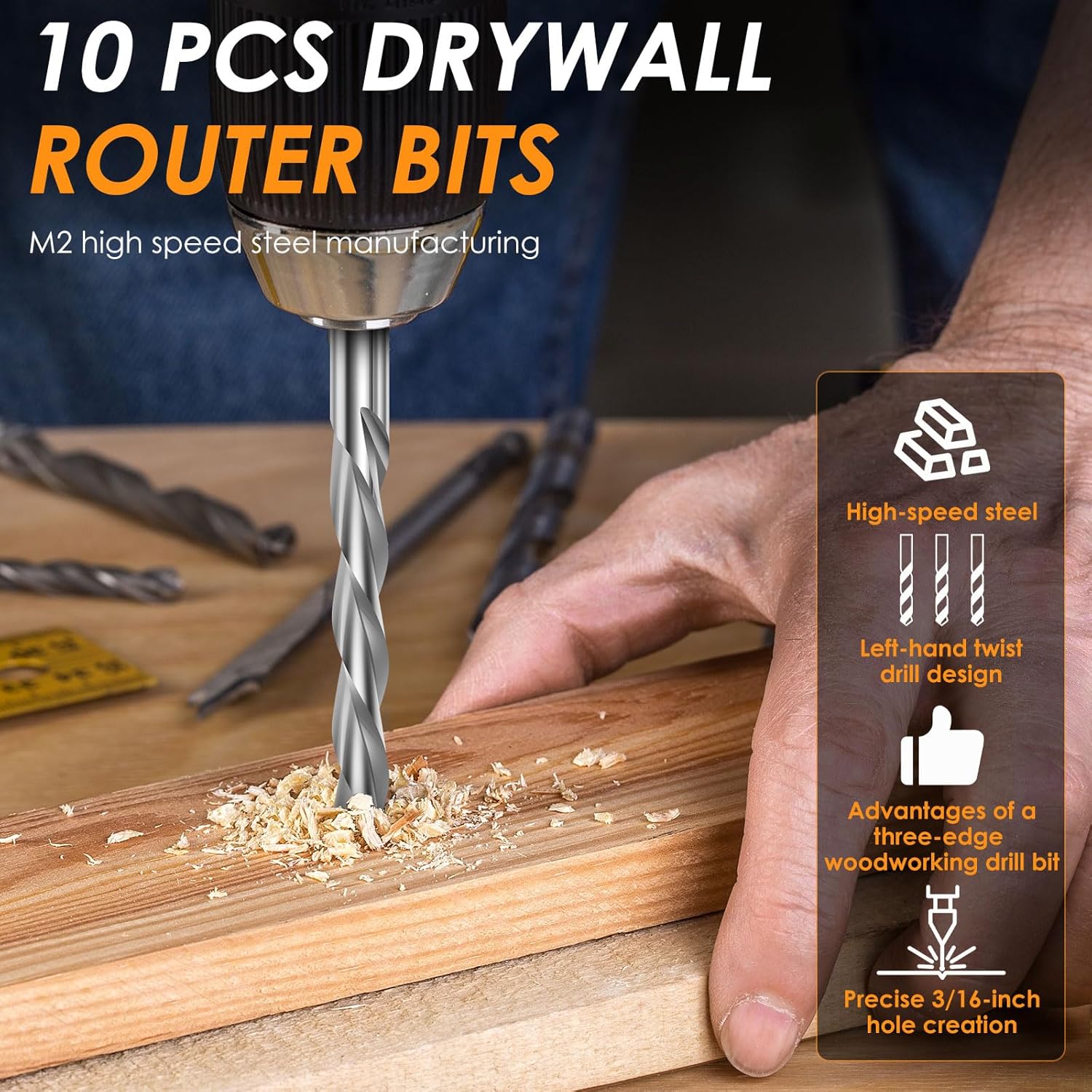 10Pcs Drywall Router Bits 3/16 Inch Drywall Guidepoint Cutting Bits M2 Speed Steel Cutout Tool for Use with Spiral Saw and Power Tools