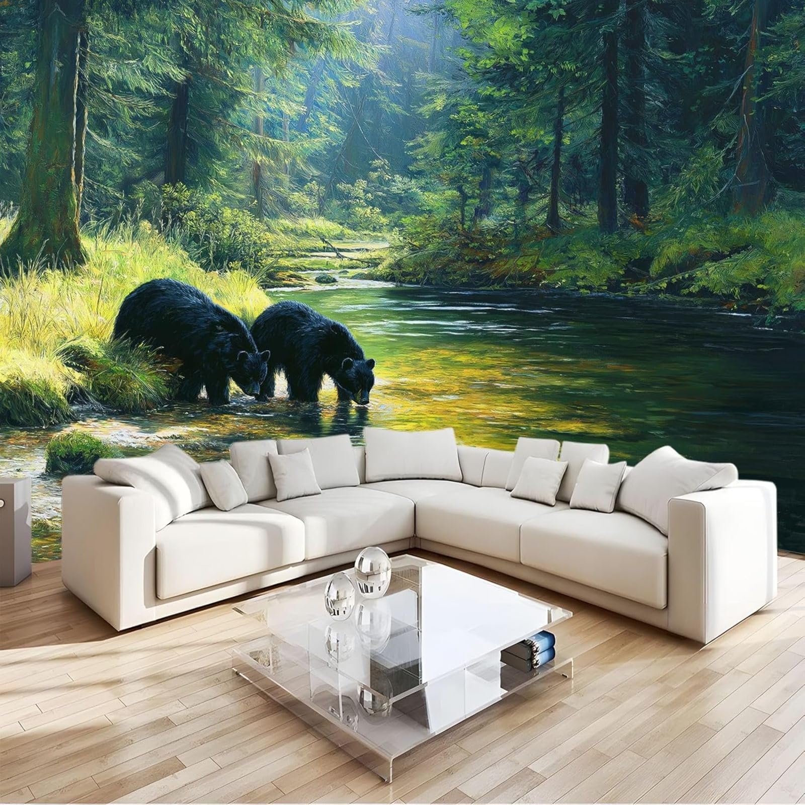 hgjdjhnf Nature Forest Bear Photo Wallpaper Wall Art Non-woven Wallpaper Wall Decor Living Room Bedroom Apartment Green 430cm x 300cm