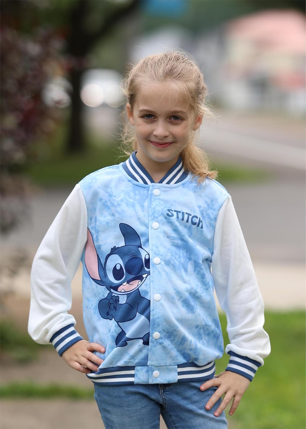 Disney Lilo & Stitch Girls/Boys Varsity Bomber Letterman Baseball Jacket School Clothes Tie-dye Print Lightweight Sweatshirt Blue Coat 7-8 Years - Image 5