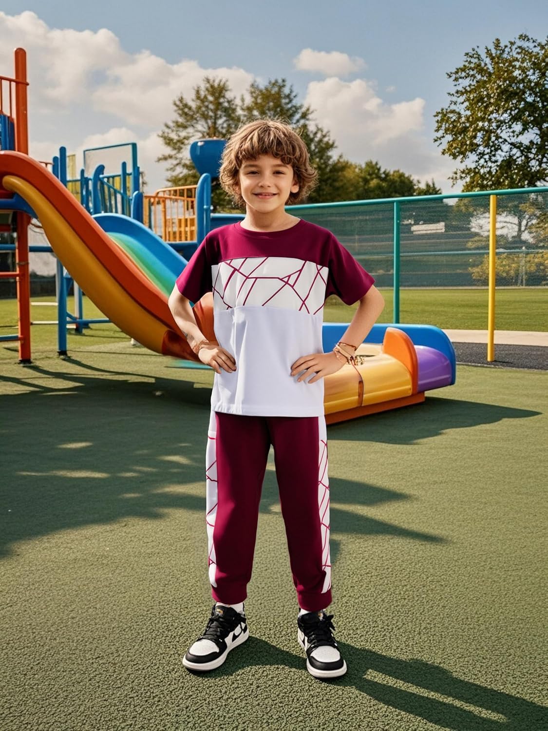 Kid Boy Clothes Geometric Printed Color Blocking Top Summer Long Pants 2PC Summer Outfit Set - Image 8