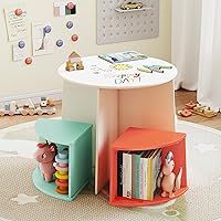 DOREROOM Kids Round Wooden Table & 4 Chairs Set with Storage - Toddler Activity Table for Playroom, Nursery, Safe Graffiti Art Desktop