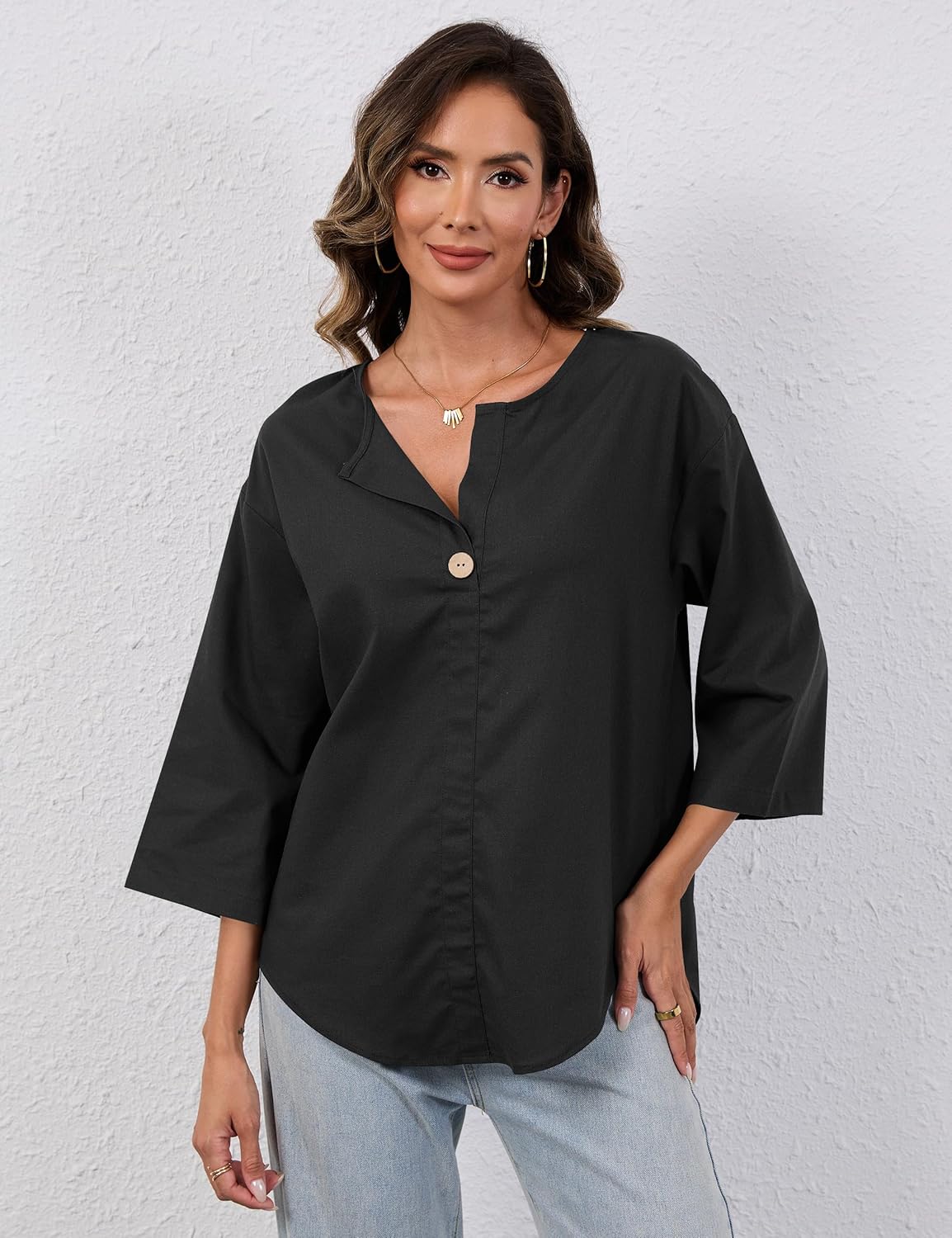 Summer Linen Shirts for Women Button Down V Neck 3/4 Sleeve T-Shirt Blouse Casual Loose Basic Solid Tunic Tops 2025 Black - Image 6