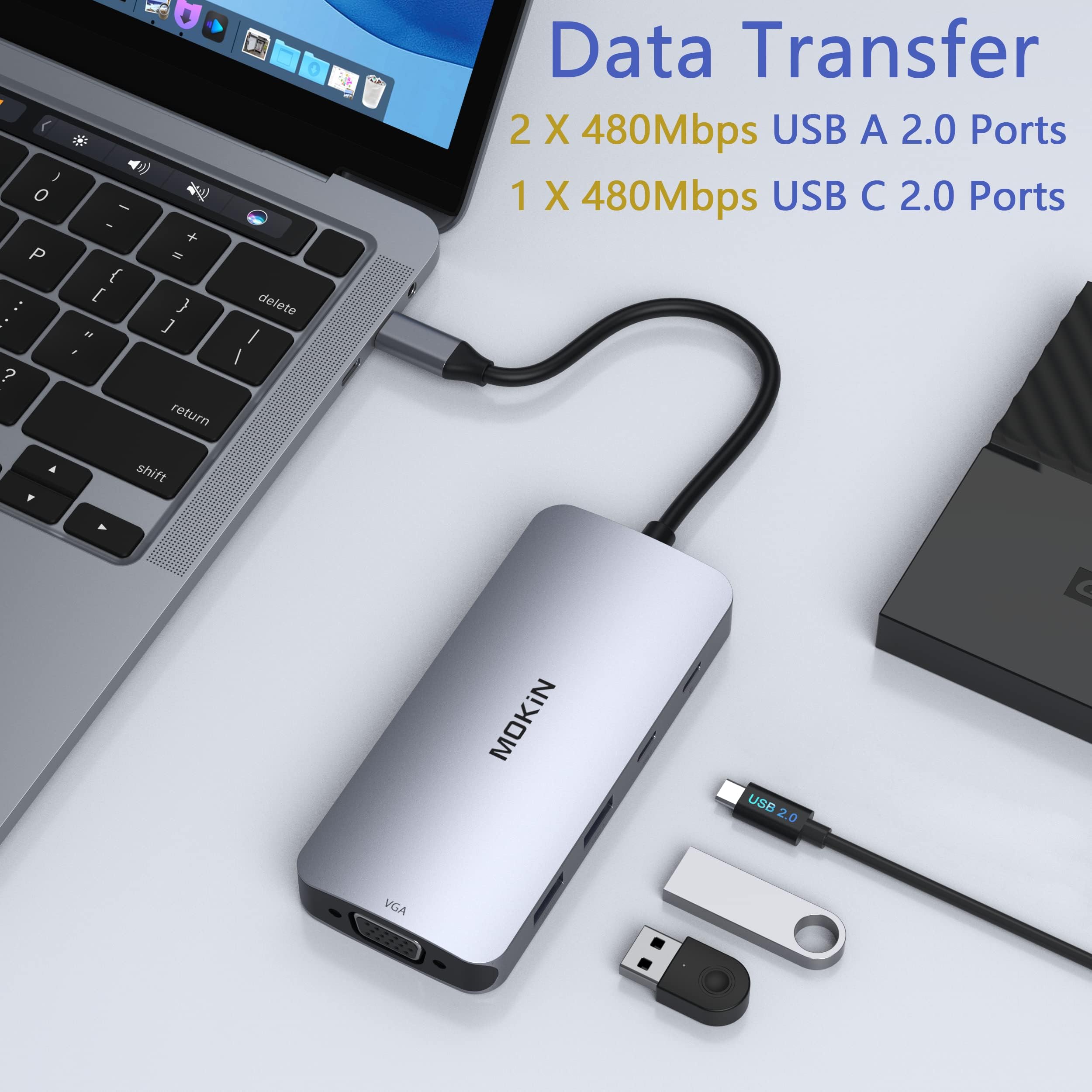 MOKiN Station d'accueil USB C Double Moniteur, Dock USB C 8 en 1 vers Dual HDMI et DisplayPort et VGA, 100W PD, 3 USB 2.0, Docking Station Quadruple Affichage pour Dell, HP, Lenovo, ASUS, Microsoft
