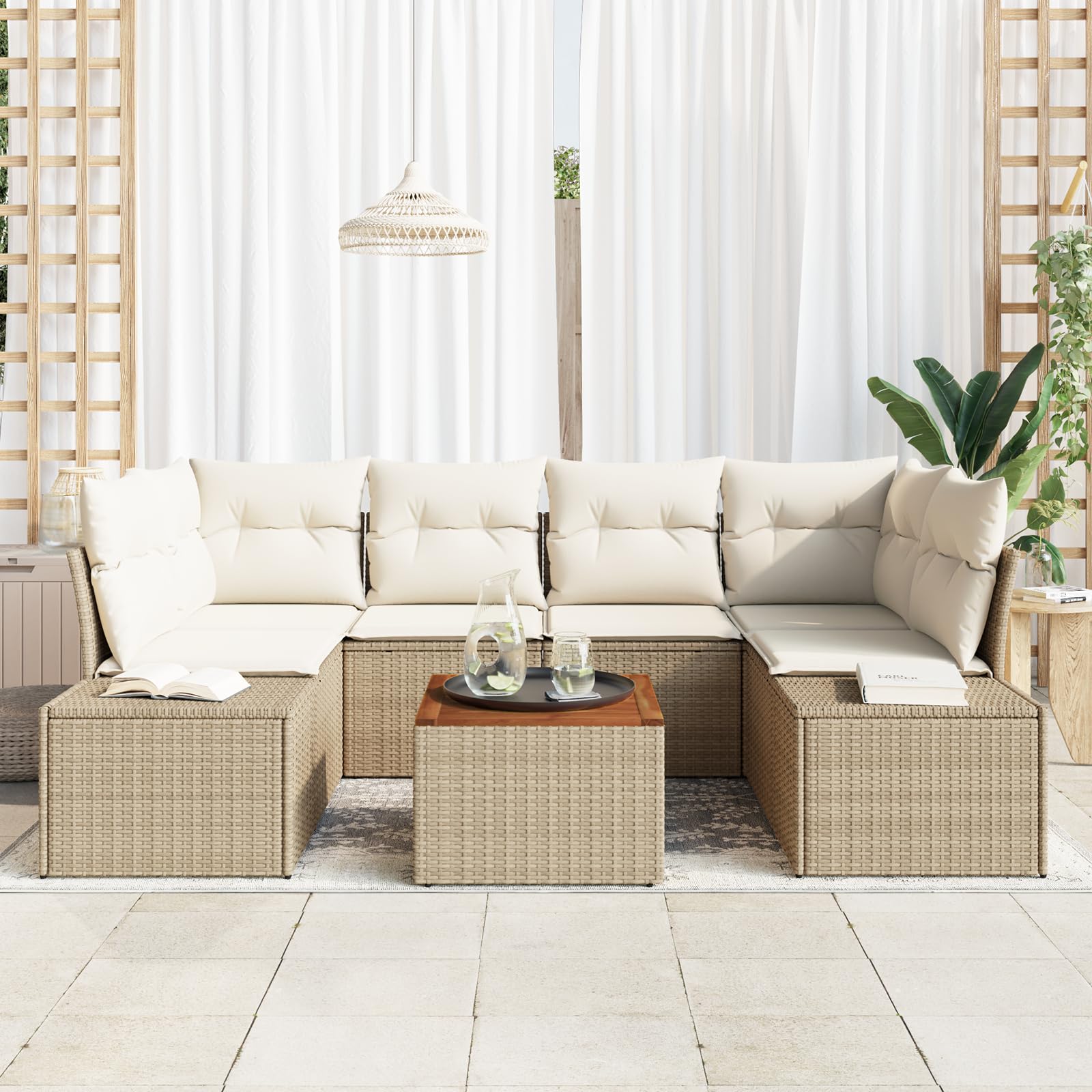 7-częściowy zestaw mebli ogrodowych z poduszkami, beżowy, polirattan, akacja, modułowa sofa ogrodowa, meble outdoorowe, przytulny, wygodny zestaw do siedzenia, ręcznie tkany