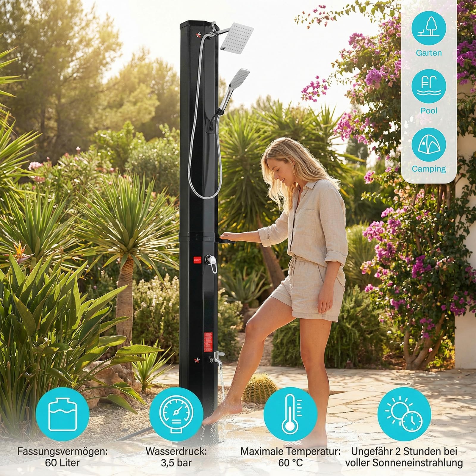 LIFERUN Douche Solaire 60L, Douche de Jardin Solaire, avec Pommeau de Douche, Douchette, Robinet et Housse de Protection, Eau Chaude jusqu'à 60 °C, sans Raccordement Électrique, pour Piscine Plage