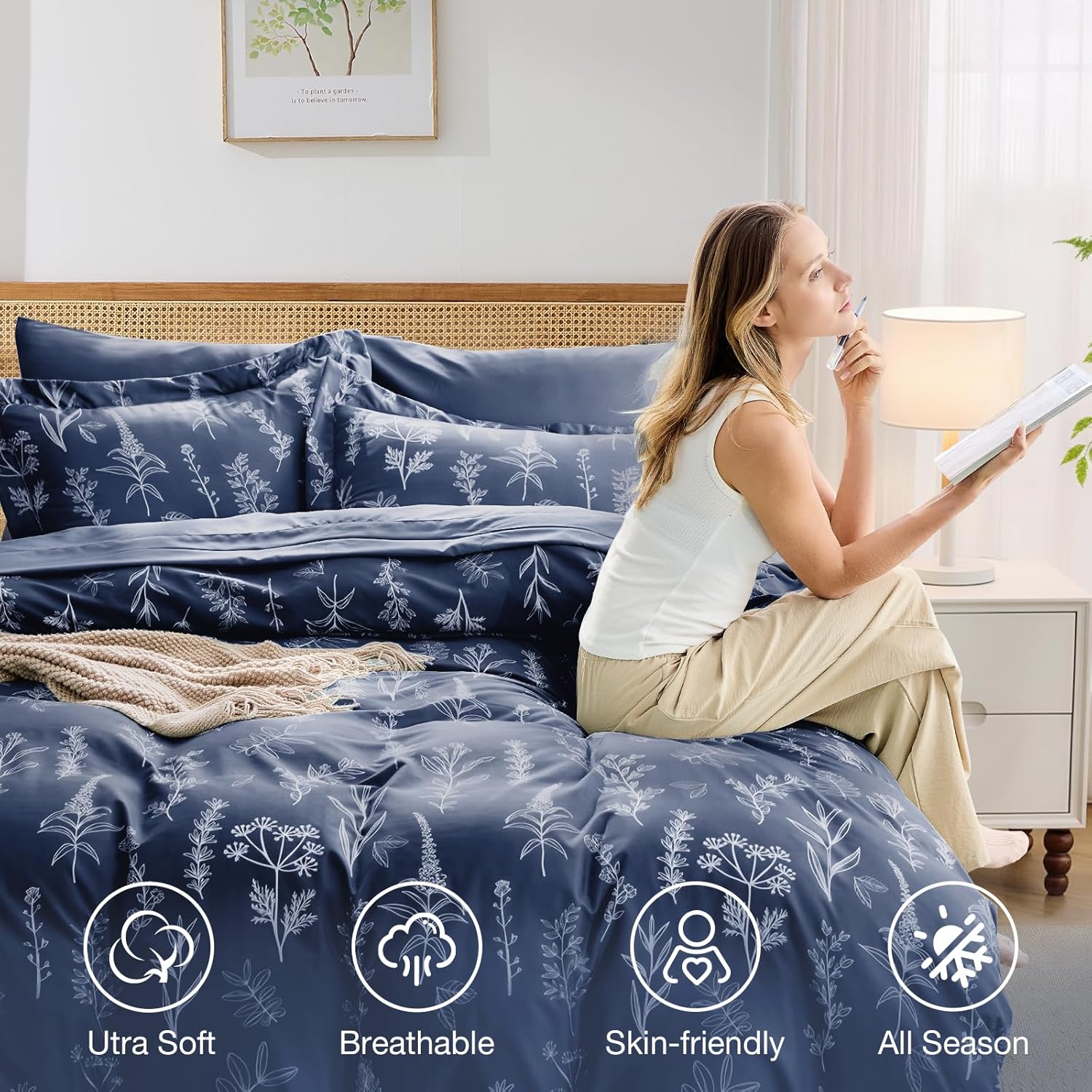 MUXHOMO Navy Blue King Comforter Set, Elegant Floral Print Bed in a Bag 7 Pieces, Ultra Soft & Breathable Reversible Botanical Pattern Bedding Set with Comforter, Sheets, Pillowcases, and Shams