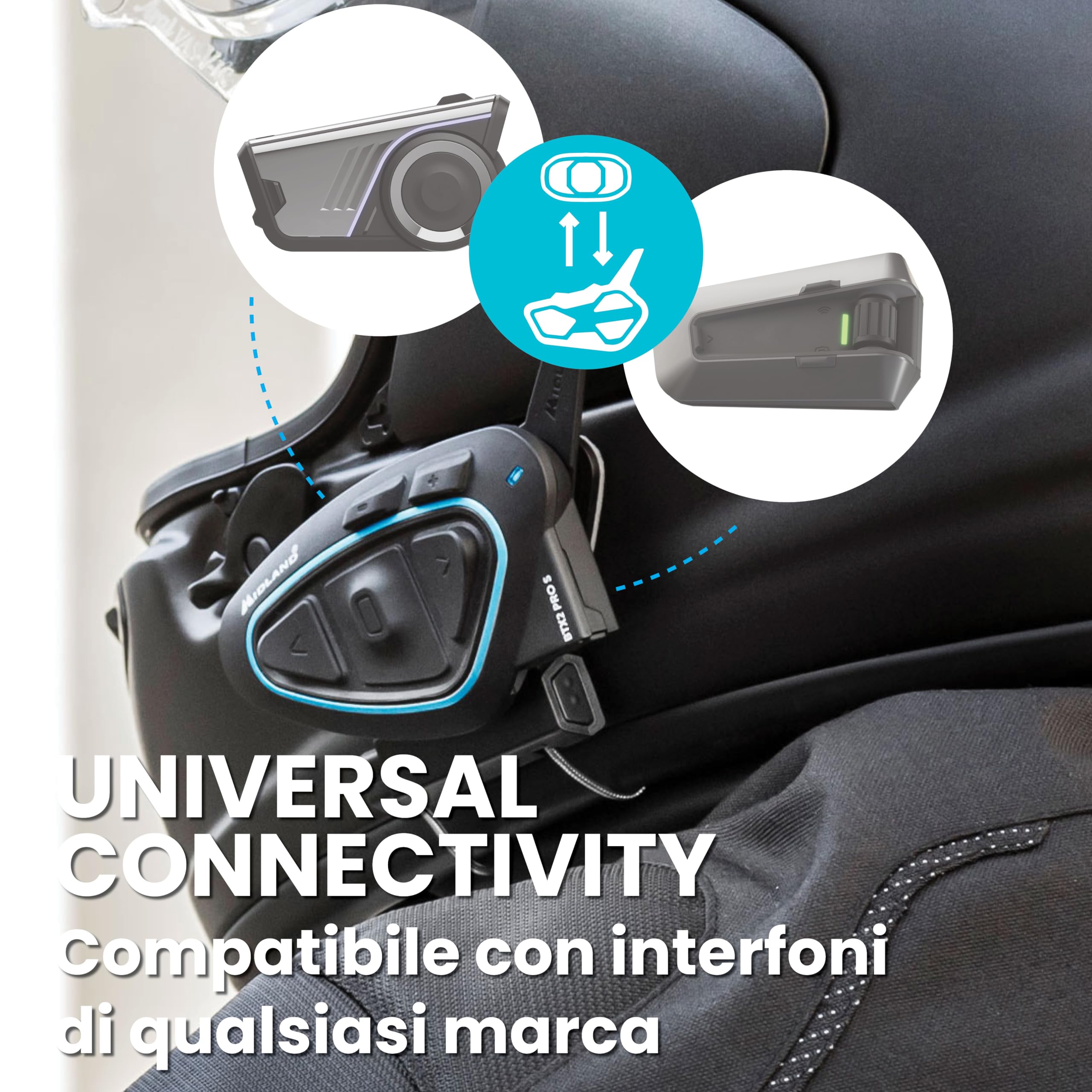 Midland - Interfono Moto Bluetooth Coppia BTX2 Pro S LR Twin, Auricolari Casco Waterproof IPX6, Doppio Processore BT, 1,6Km, 4 Coppie, Batteria 23H, Cancellazione Rumore Audio Hi-Fi Universal Intercom