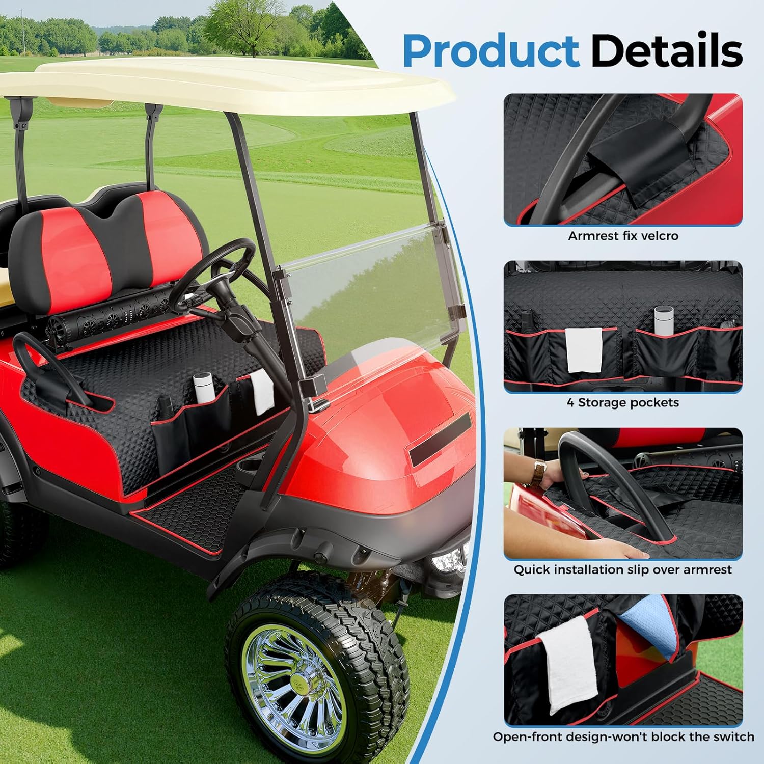 Tecoom Golf Cart Seat Covers, Universal Golf Cart Seat Towel Blanket with Armrest Strap 4 Pockets Non-Slip Bottom, Fits Club Car, EZGO, Yamaha, and More Front Seats, Protect Seats from Pet-Scratch Sun